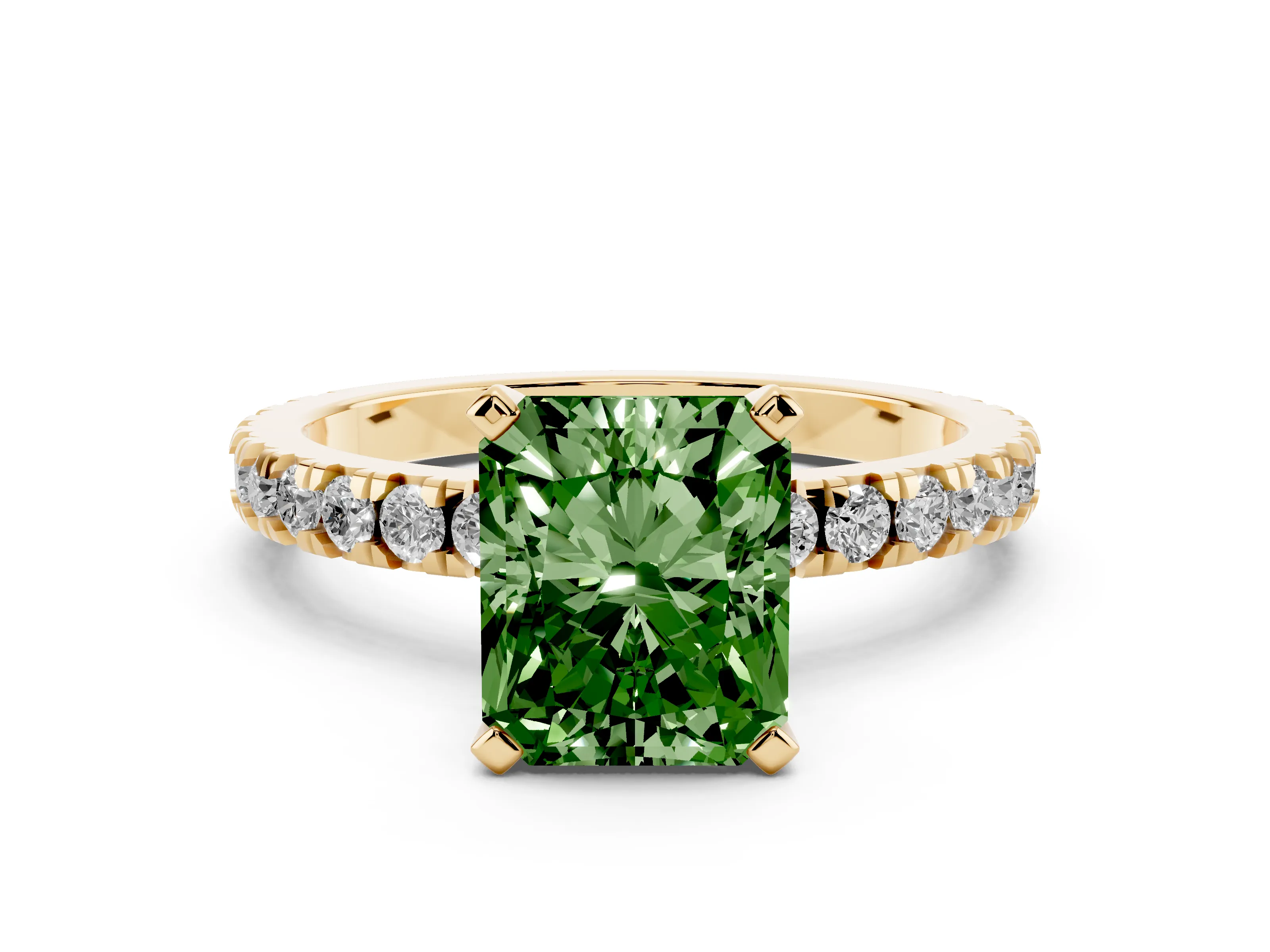 Fancy Green Radiant Cut Diamond Pavé Band Solitaire Set in Yellow gold with Prong Setting