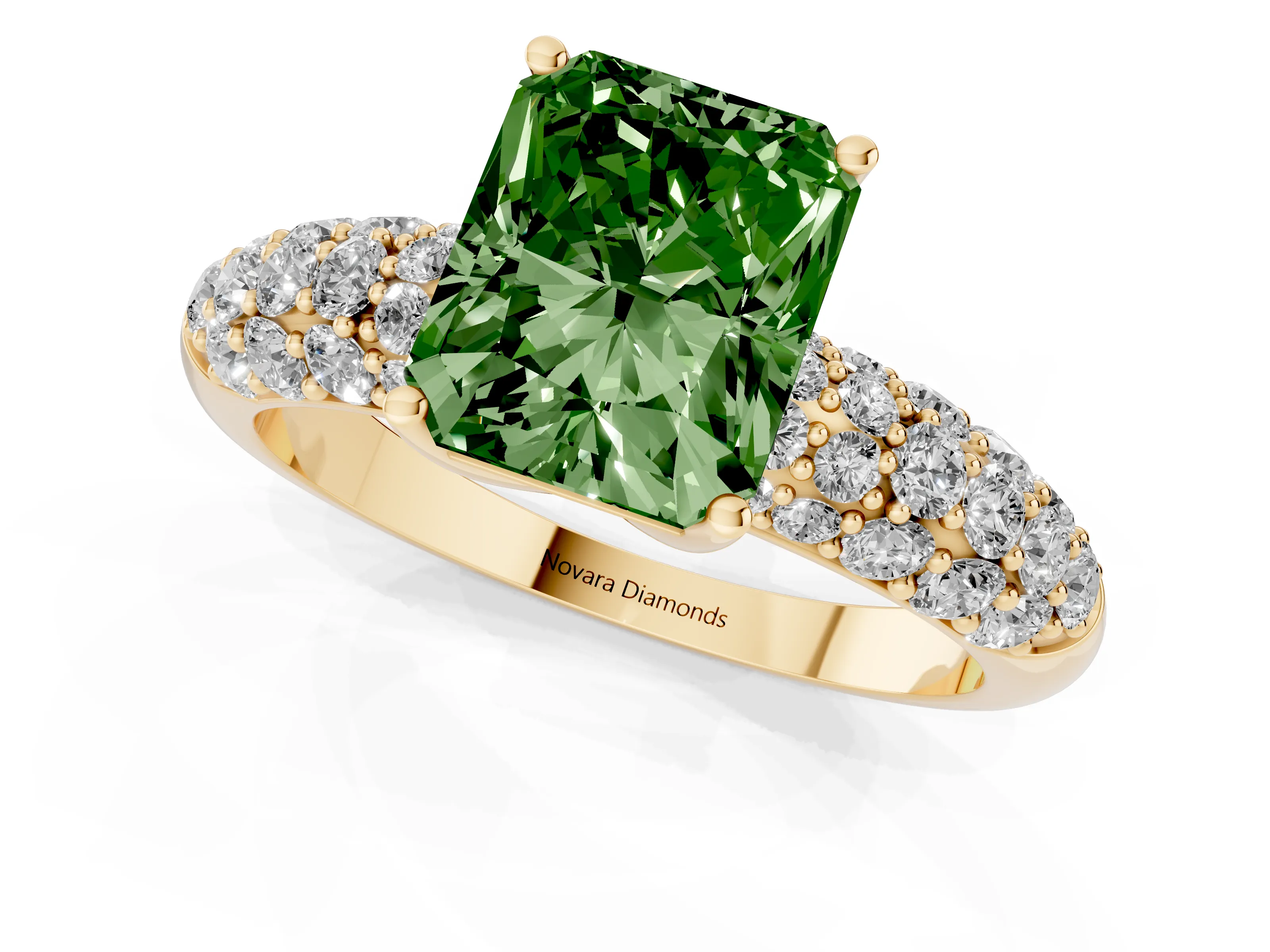 Fancy Green Radiant Cut Diamond Pavé Band Solitaire Ring Set in Yellow gold with Close-Set Accent Stones and Prong Setting