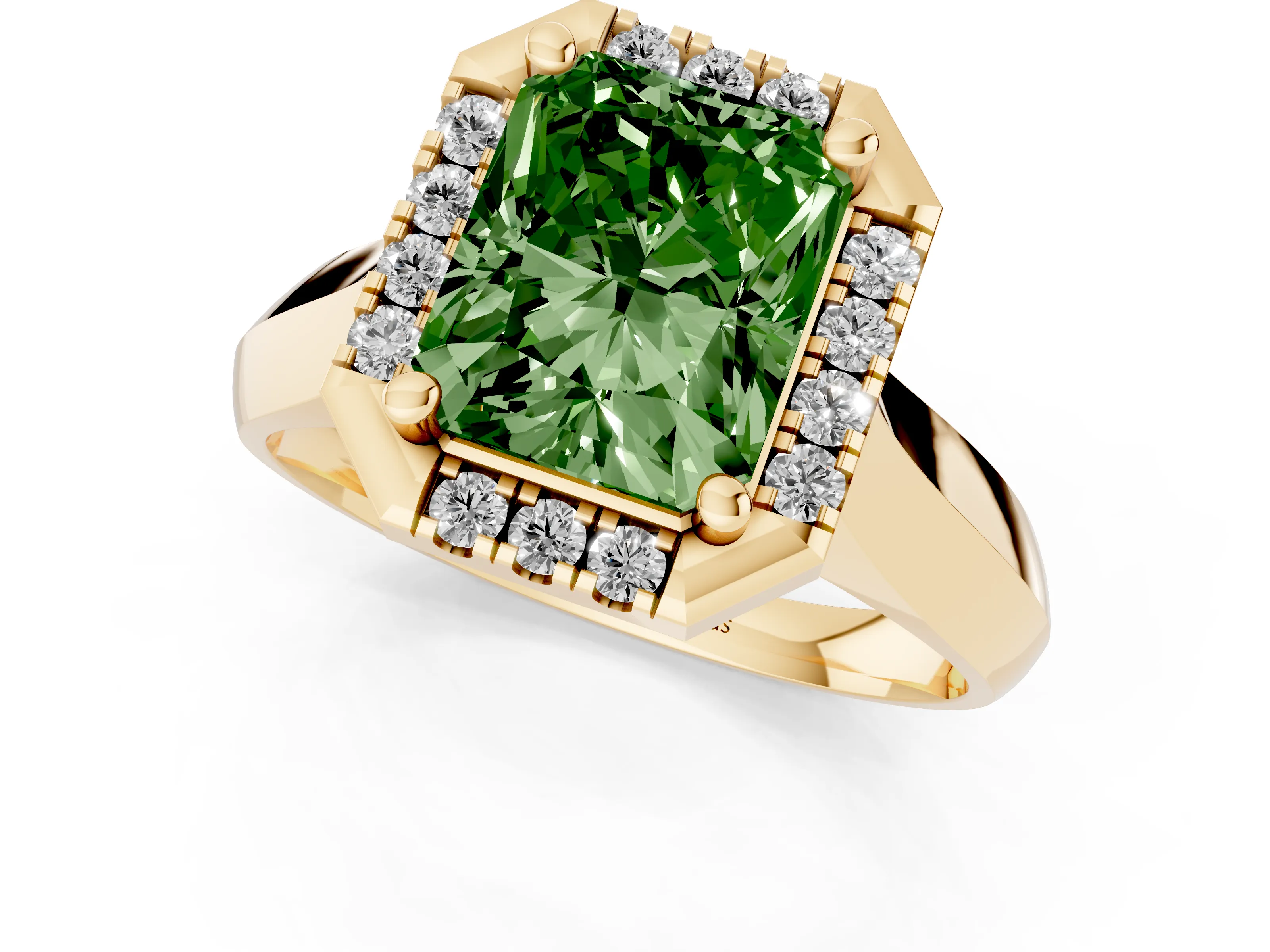 Fancy Green Radiant Cut Diamond Halo Solitaire Engagement Ring Set in Yellow gold with Square Band and Prong Setting