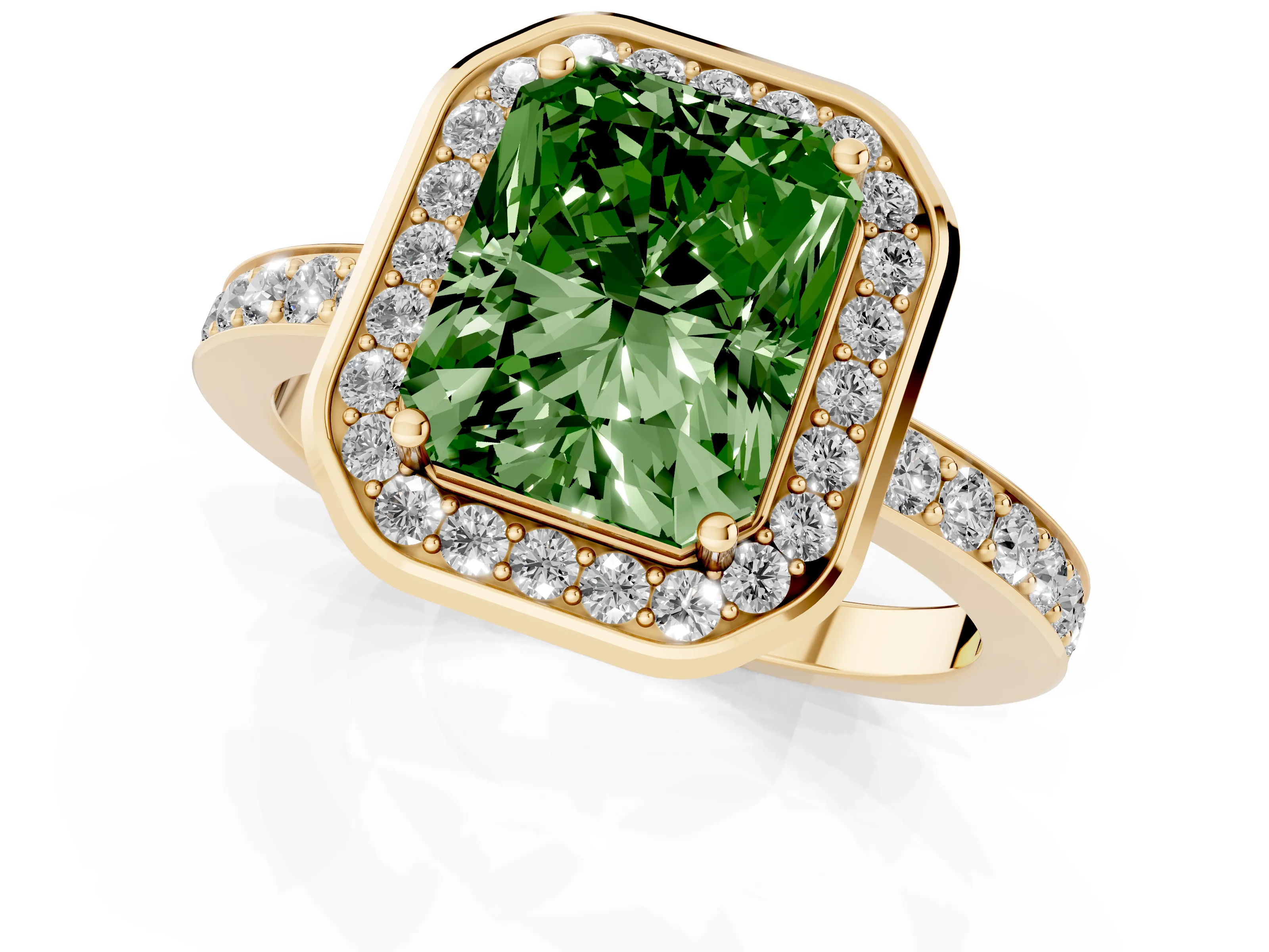 Fancy Green Radiant Cut Diamond Halo Ring Set in Yellow gold with Bezel Frame and Pavé Band