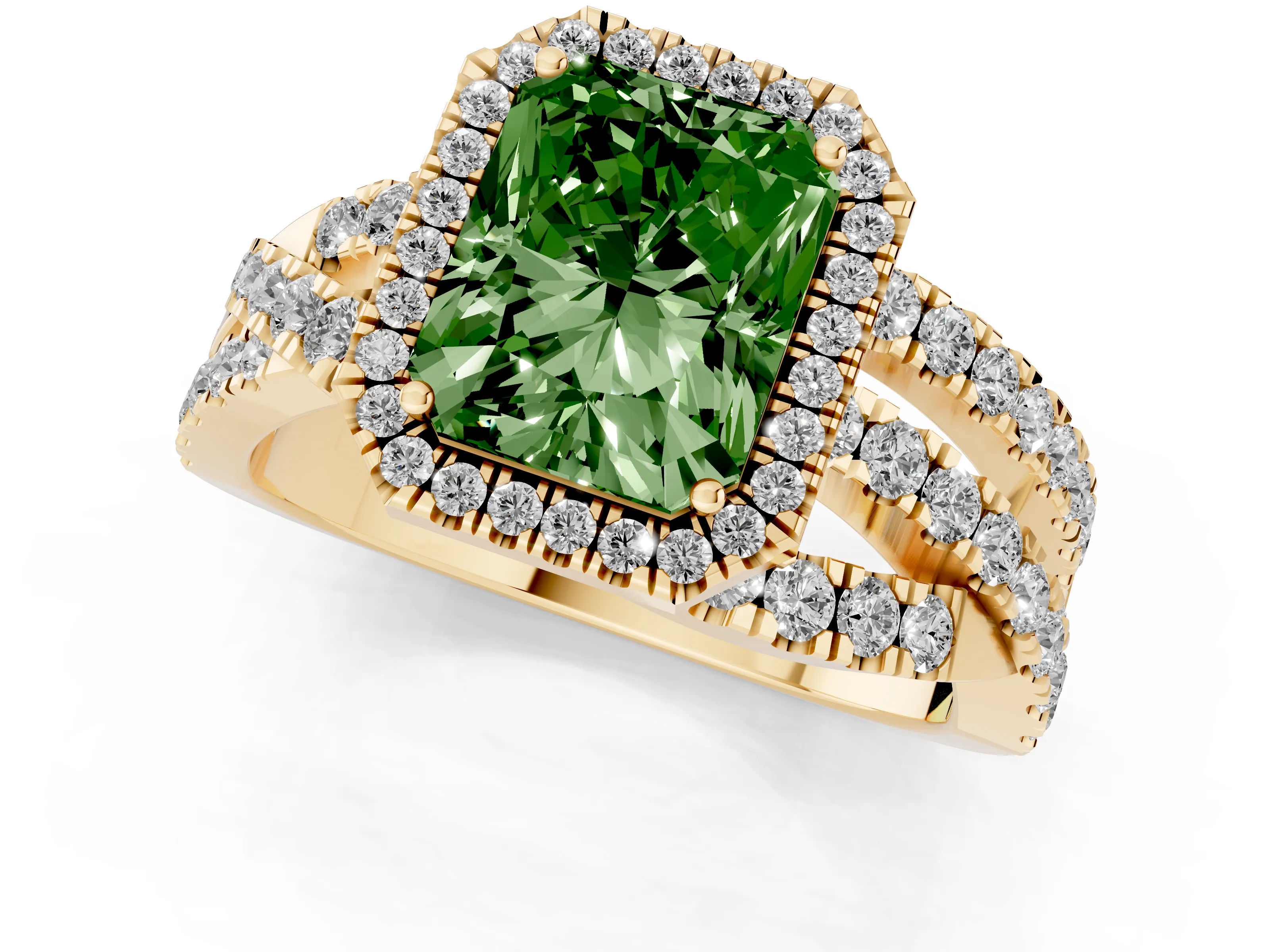 Fancy Green Radiant Cut Diamond Halo Ring Set in Yellow gold with Round Crossover Split Shank and Prong Setting