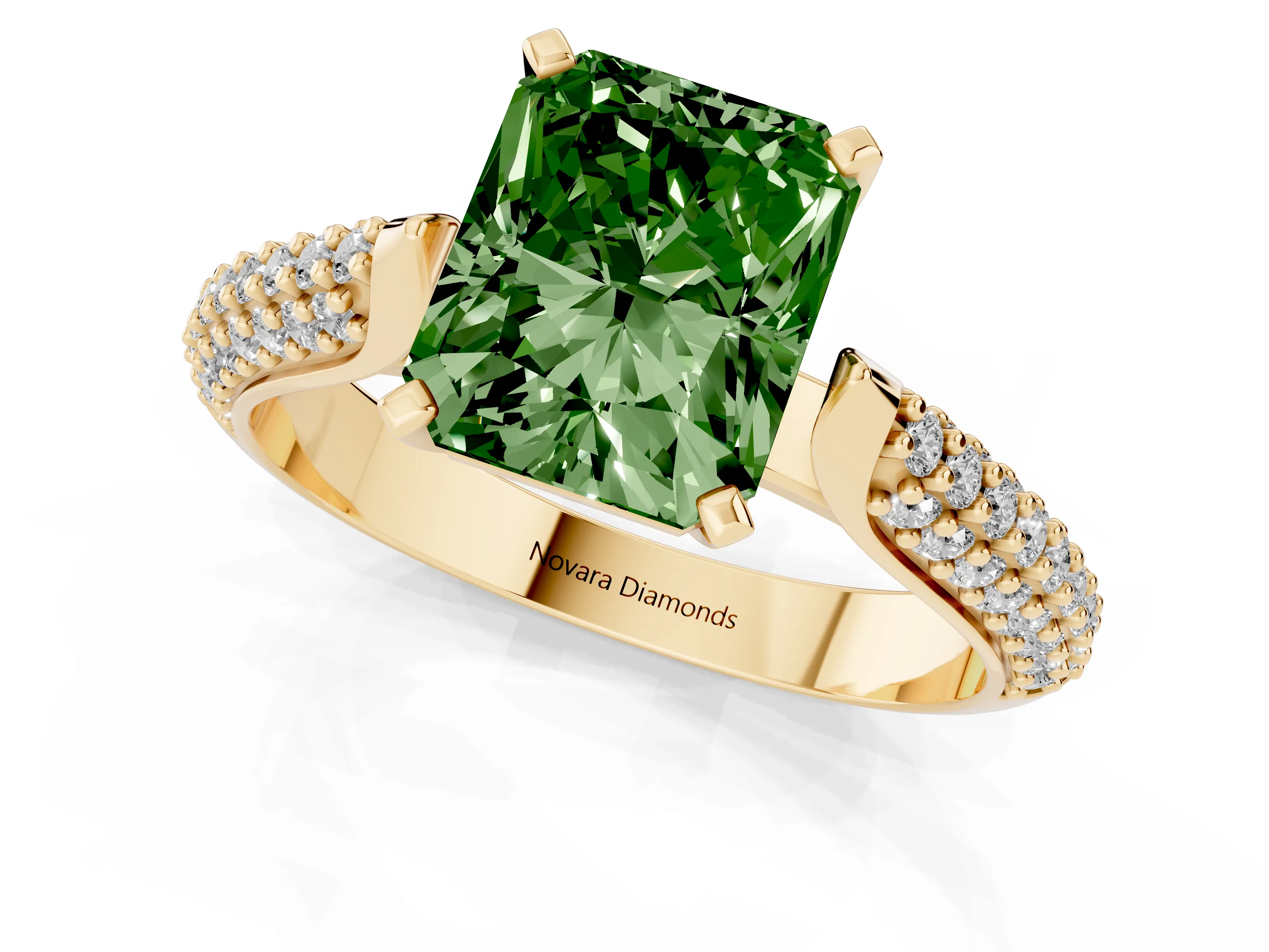 Fancy Green Radiant Cut Diamond Solitaire Engagement Ring Set in Yellow gold with Multi-Row Round Pavé Band and Prong Setting