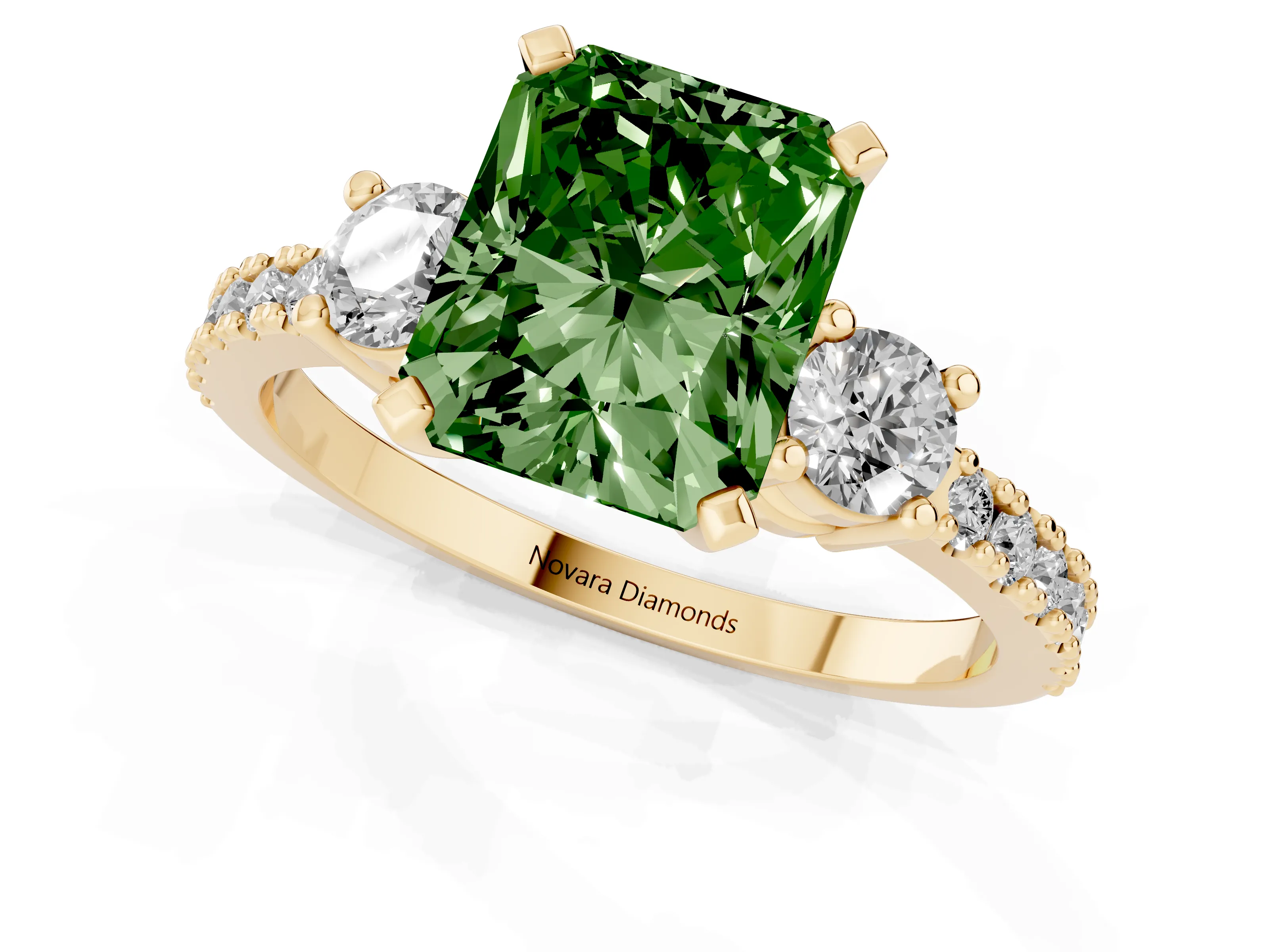 Fancy Green Three-Stone Radiant Cut Diamond Pavé Band Ring Set in Yellow gold with Prong Setting