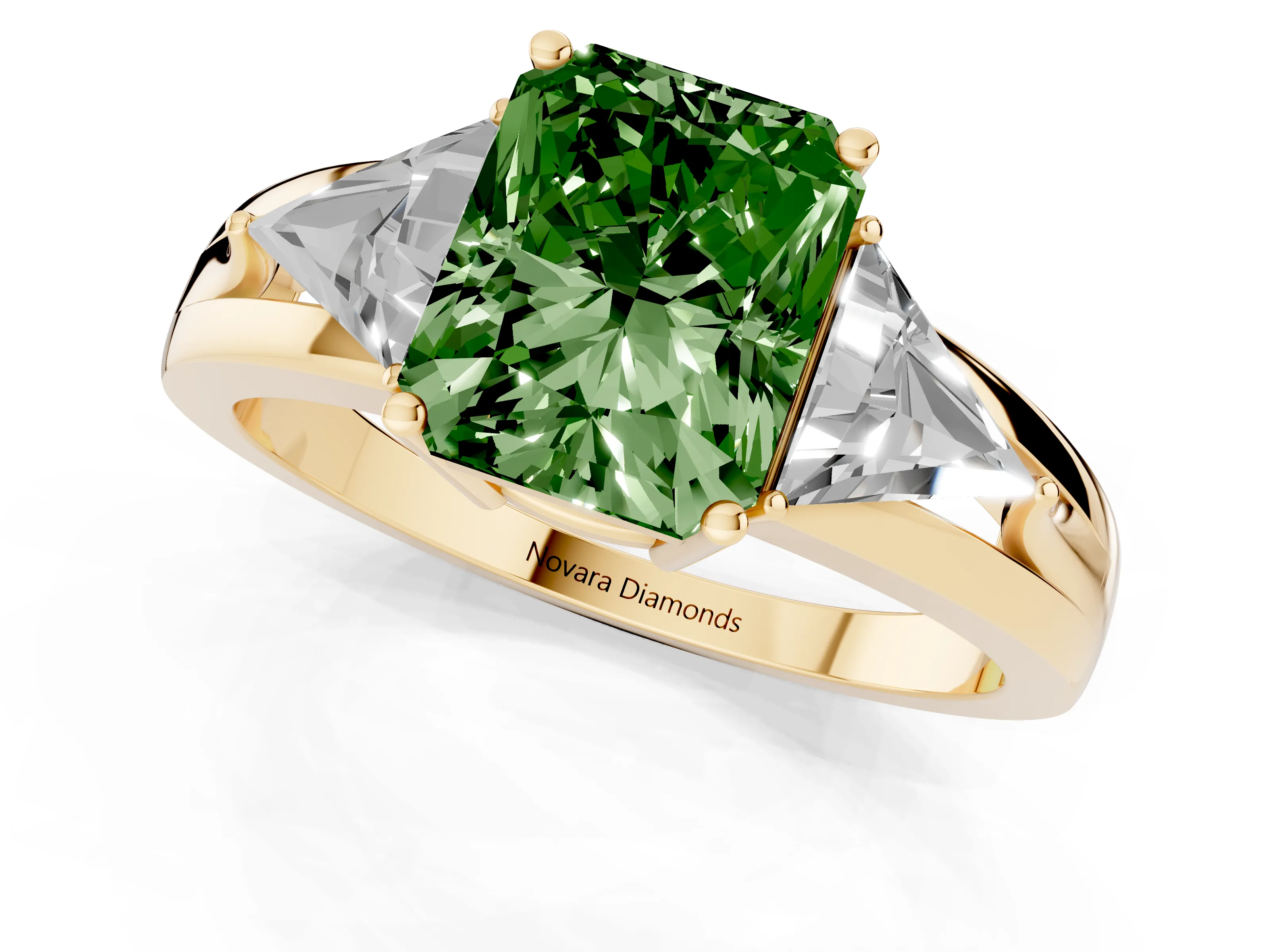 Fancy Green Radiant Cut Diamond Three-Stone Ring Set in Yellow gold with Trillion Side Stones and Split Shank
