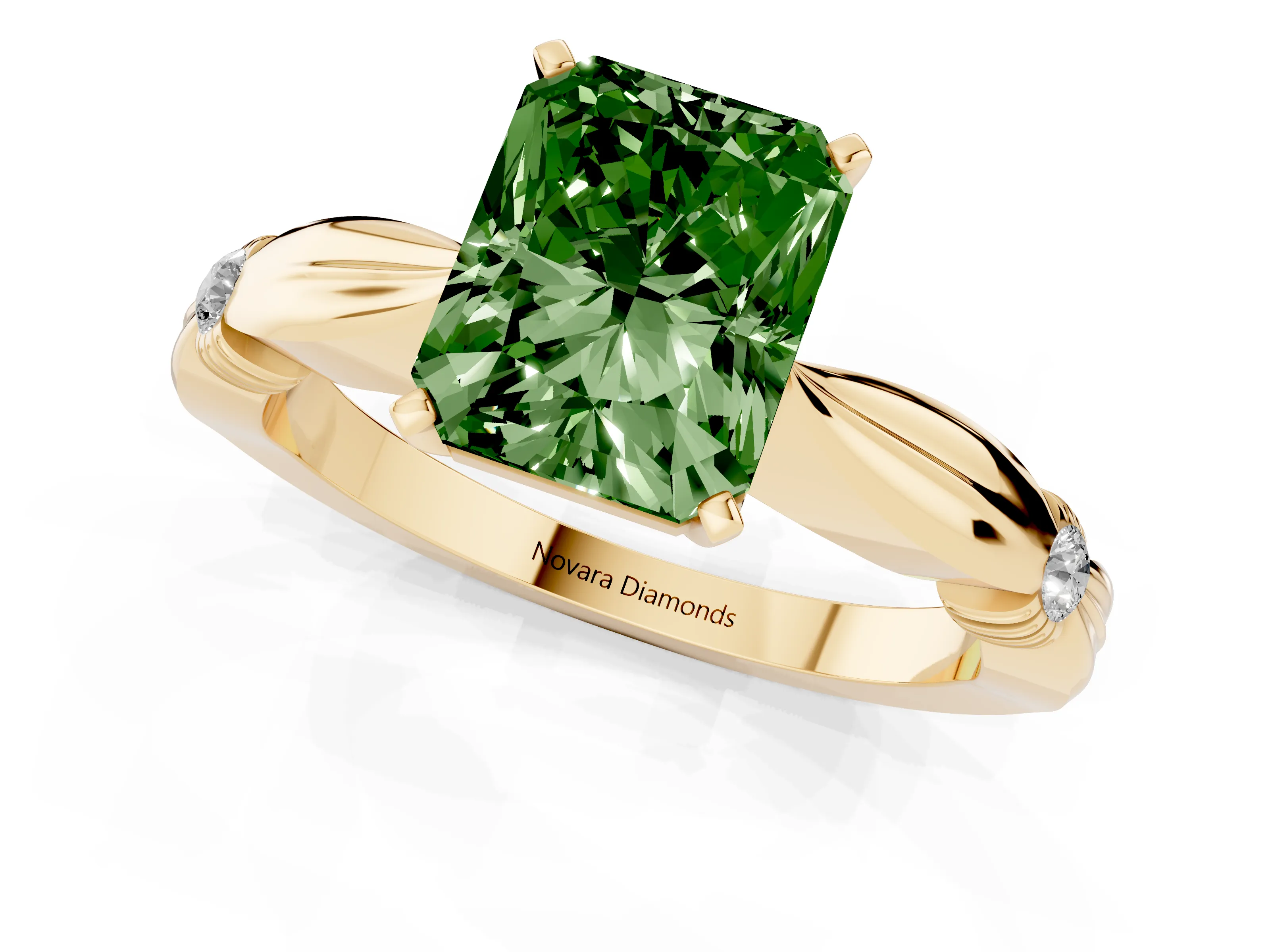 Fancy Green Radiant Cut Diamond Solitaire Twisted Band Ring Set in Yellow gold with Accent Stones and Prong Setting