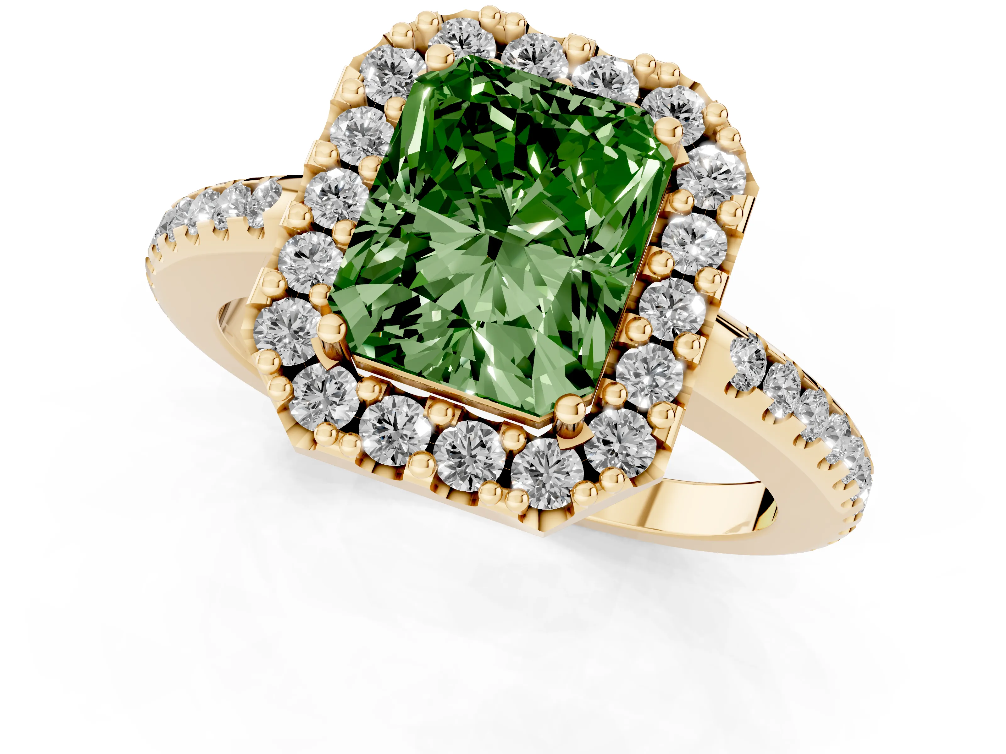Fancy Green Radiant Cut Diamond Pavé Halo Ring Set in Yellow gold with Prong Setting