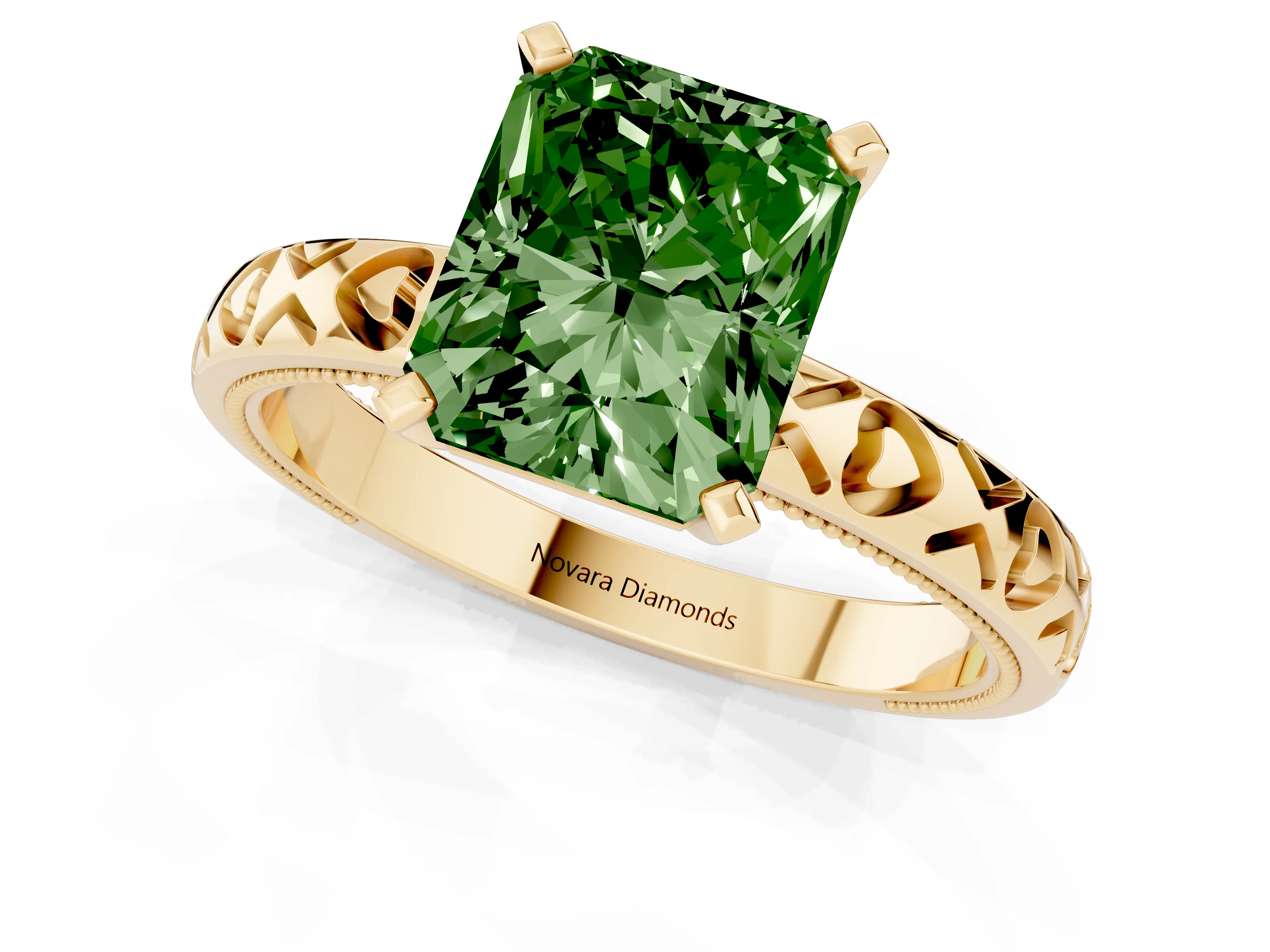 Fancy Green Radiant Cut Diamond Solitaire Engagement Ring Set in Yellow gold with XO Engraved Band and Prong Setting
