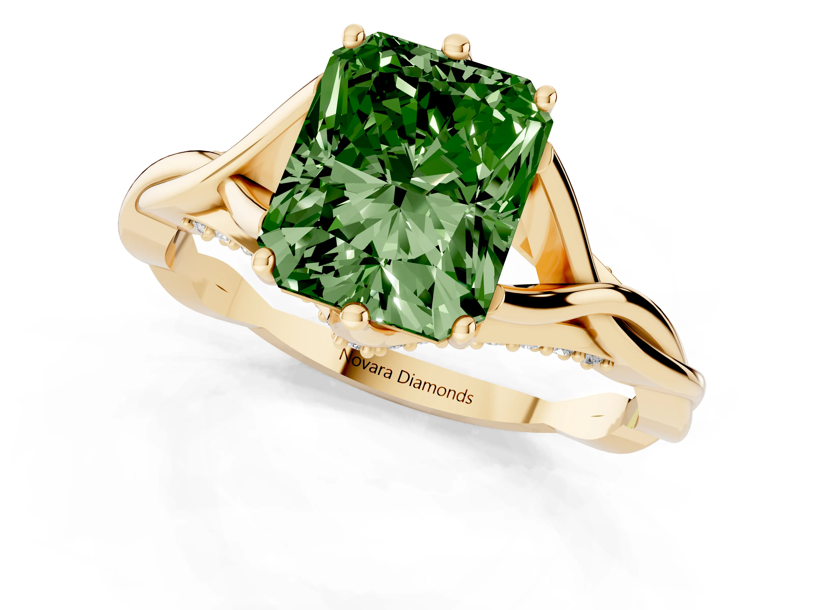 Fancy Green Radiant Cut Diamond Intertwined Twist Band Solitaire Ring Set in Yellow gold with Prong Setting