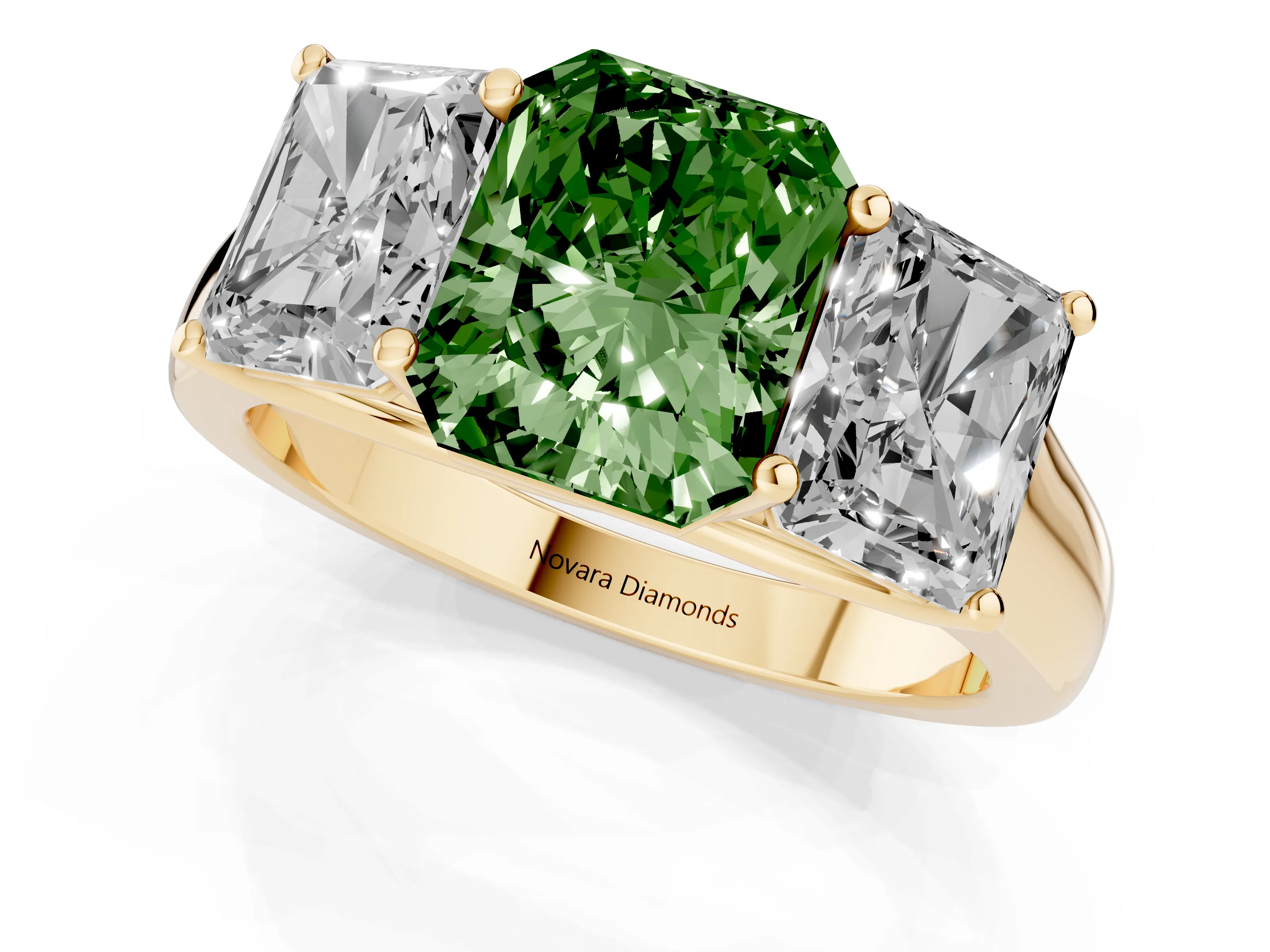 Fancy Green Radiant Cut Diamond Three-Stone Ring Set in Yellow gold with Plain Polished Band