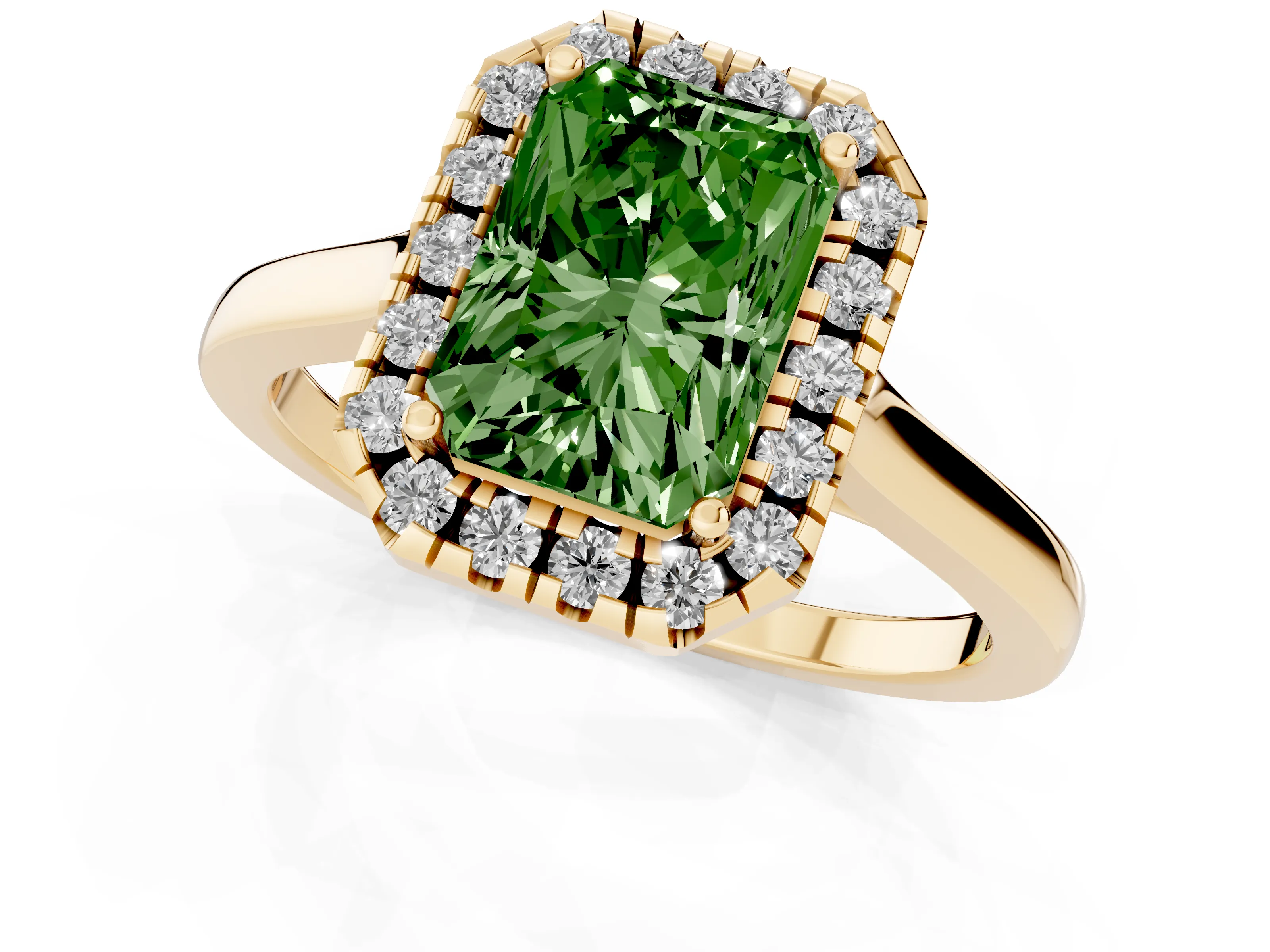 Fancy Green Radiant Cut Halo Round Diamond Solitaire Ring Set in Yellow gold with Pavé Band and Prong Setting