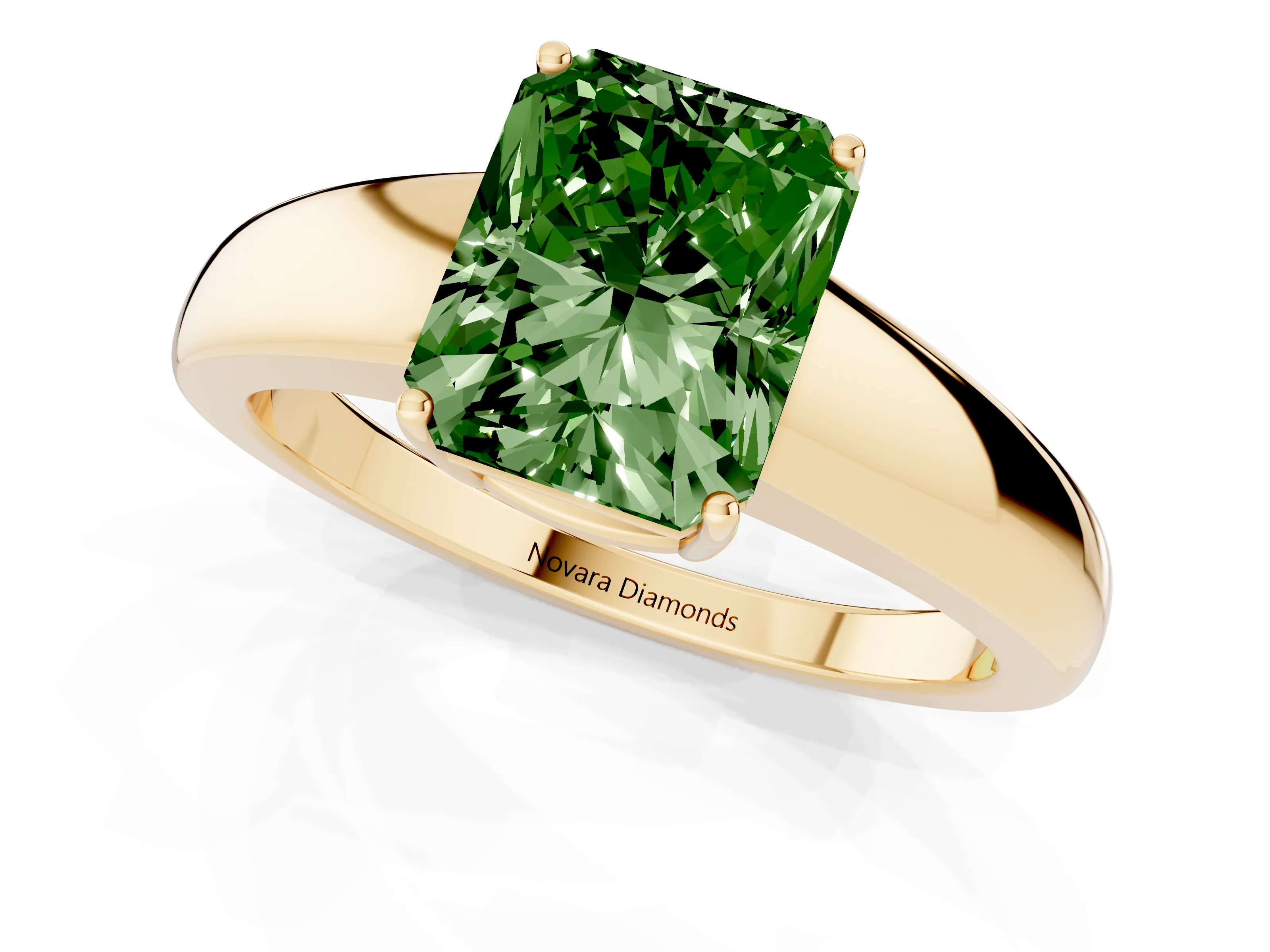 Fancy Green Radiant Cut Diamond Solitaire Ring Set in Yellow gold with Tapered Band and Prong Setting