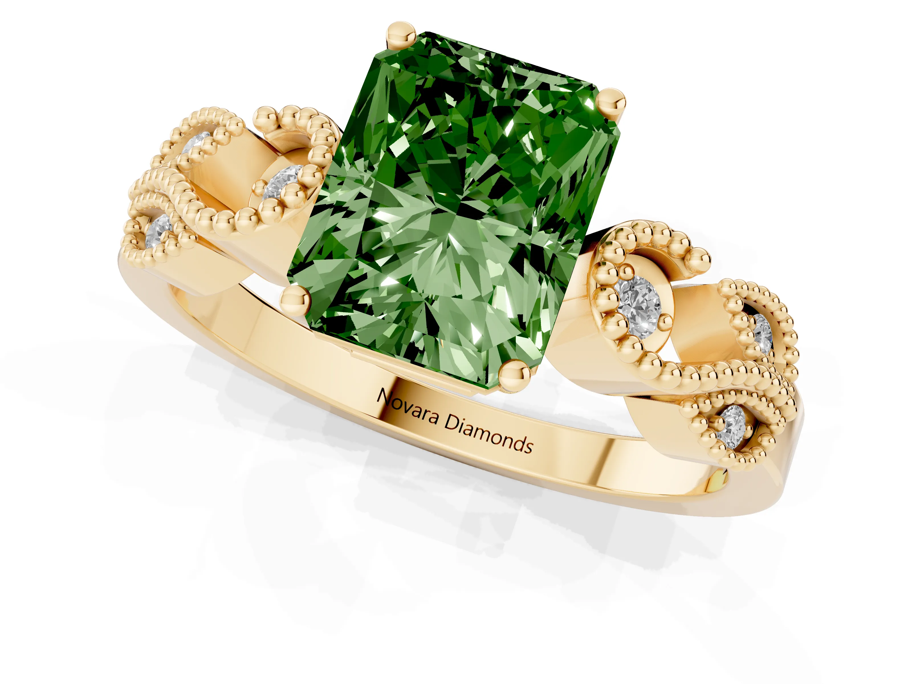 Fancy Green Radiant Cut Diamond Milgrain Leaf Band Solitaire Ring Set in Yellow gold with Accent Stones and Prong Setting
