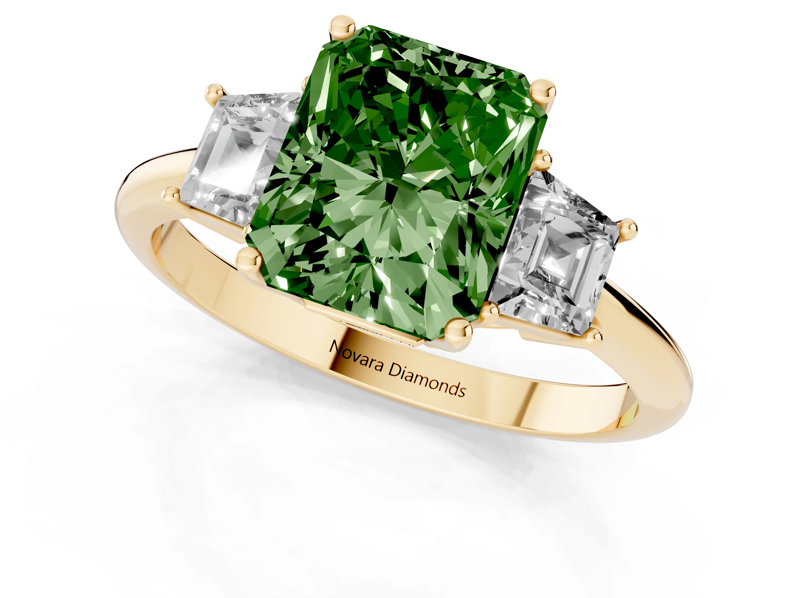 Fancy Green Radiant Cut Diamond Three-Stone Ring Set in Yellow gold with Trapezoid Side Stones and Prong Setting