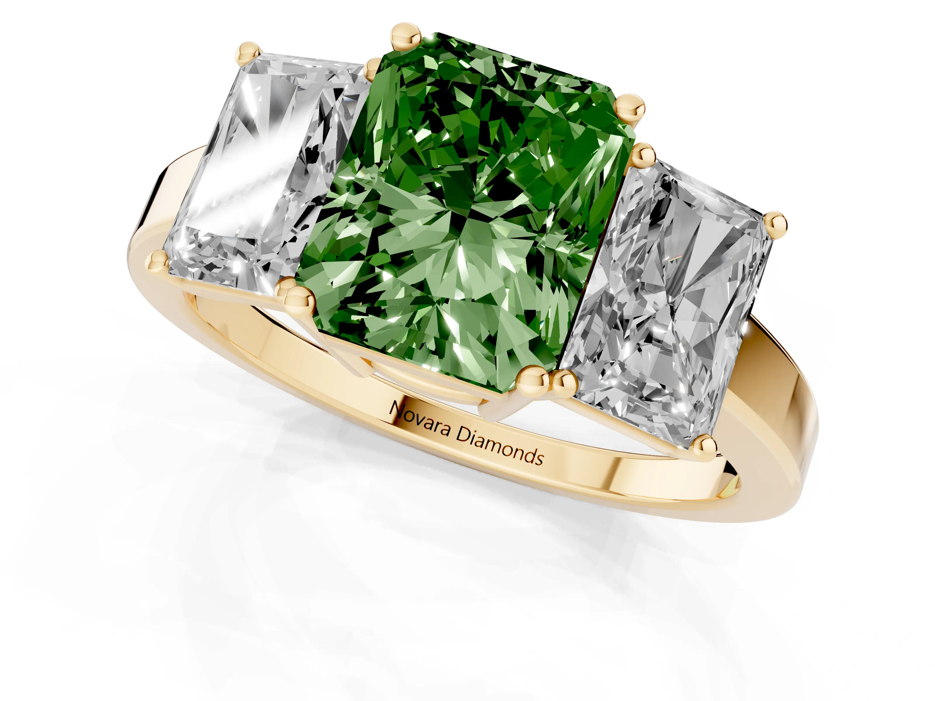 Fancy Green Radiant Cut Diamond Three-Stone Engagement Ring Set in Yellow gold with Flat Band