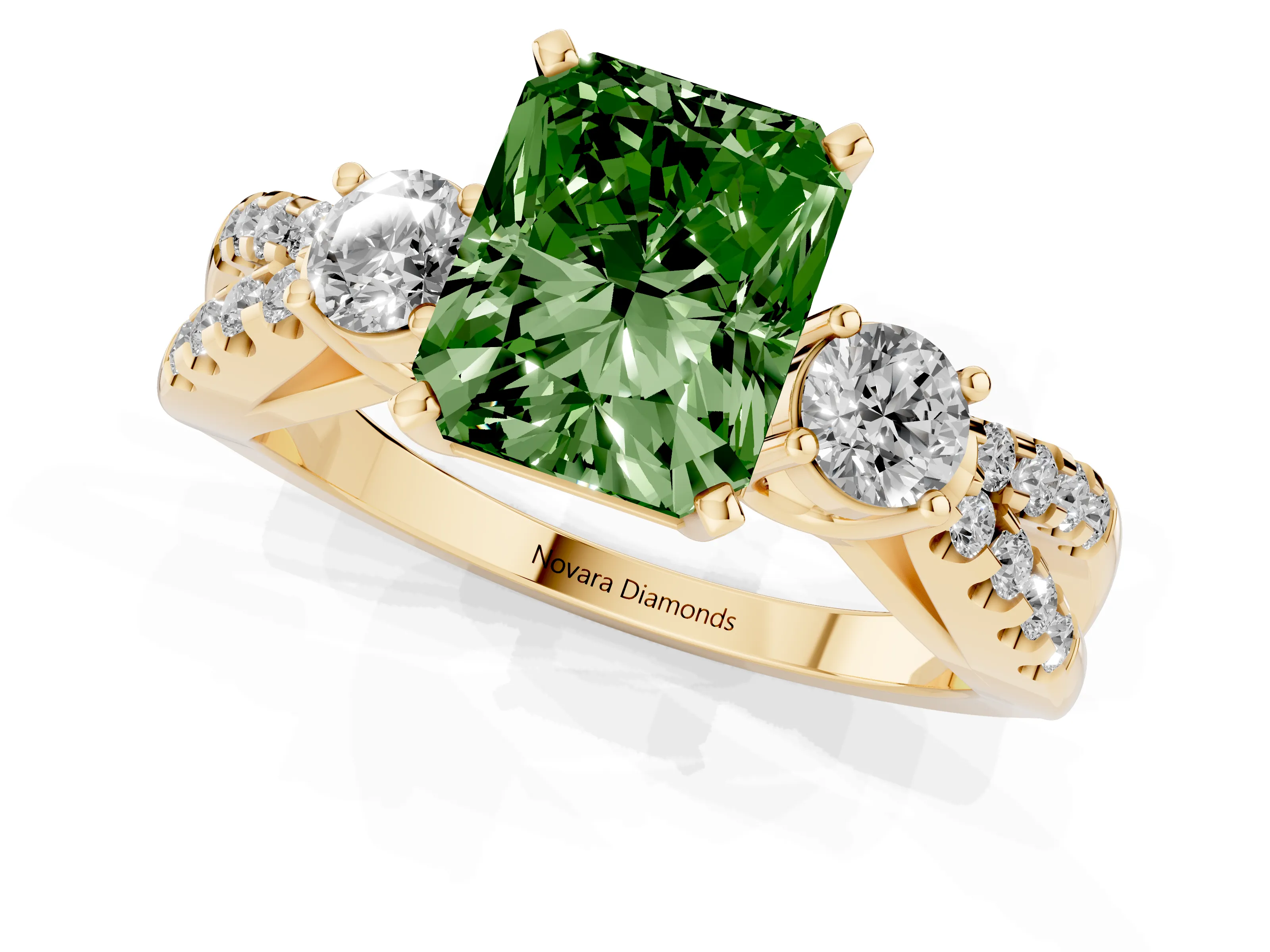 Fancy Green Radiant Cut Diamond Three-Stone Ring Set in Yellow gold with Pavé Split Shank and Prong Setting