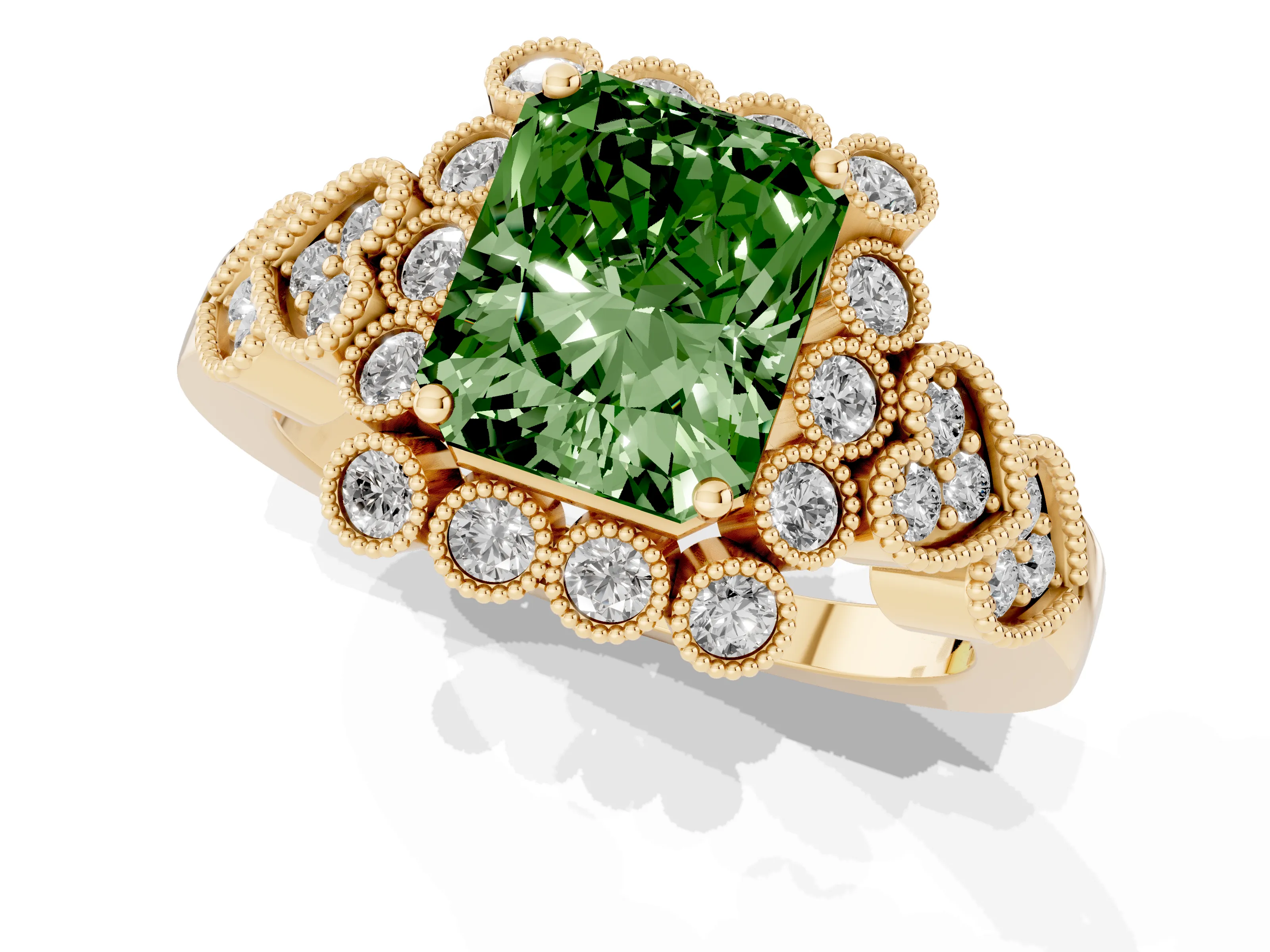 Fancy Green Radiant Cut Diamond Solitaire Ring Set in Yellow gold with Milgrain Pavé Heart Band
