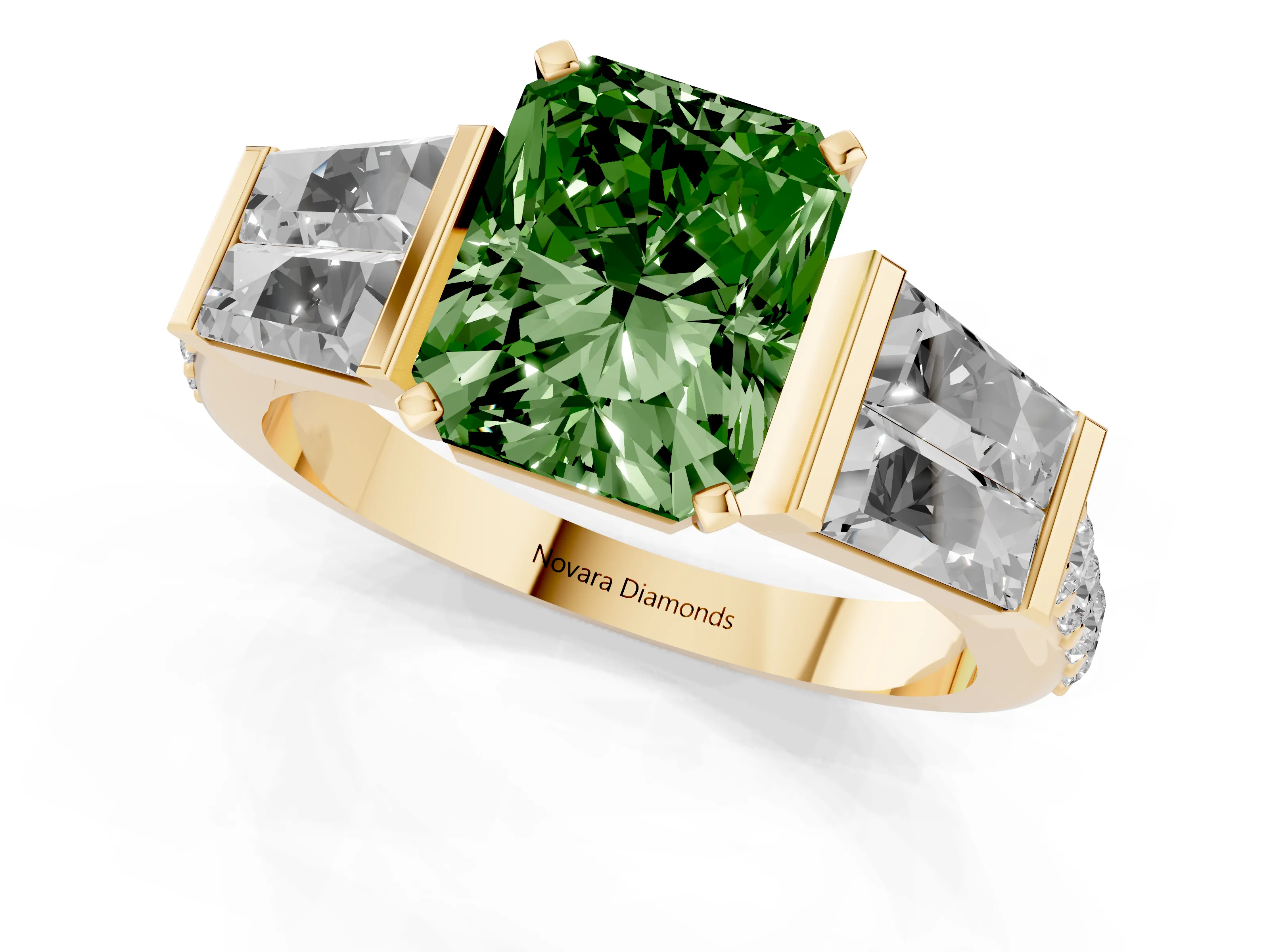 Fancy Green Radiant Cut Diamond Engagement Ring Set in Yellow gold with Baguette Side Stones and Channel Set Band