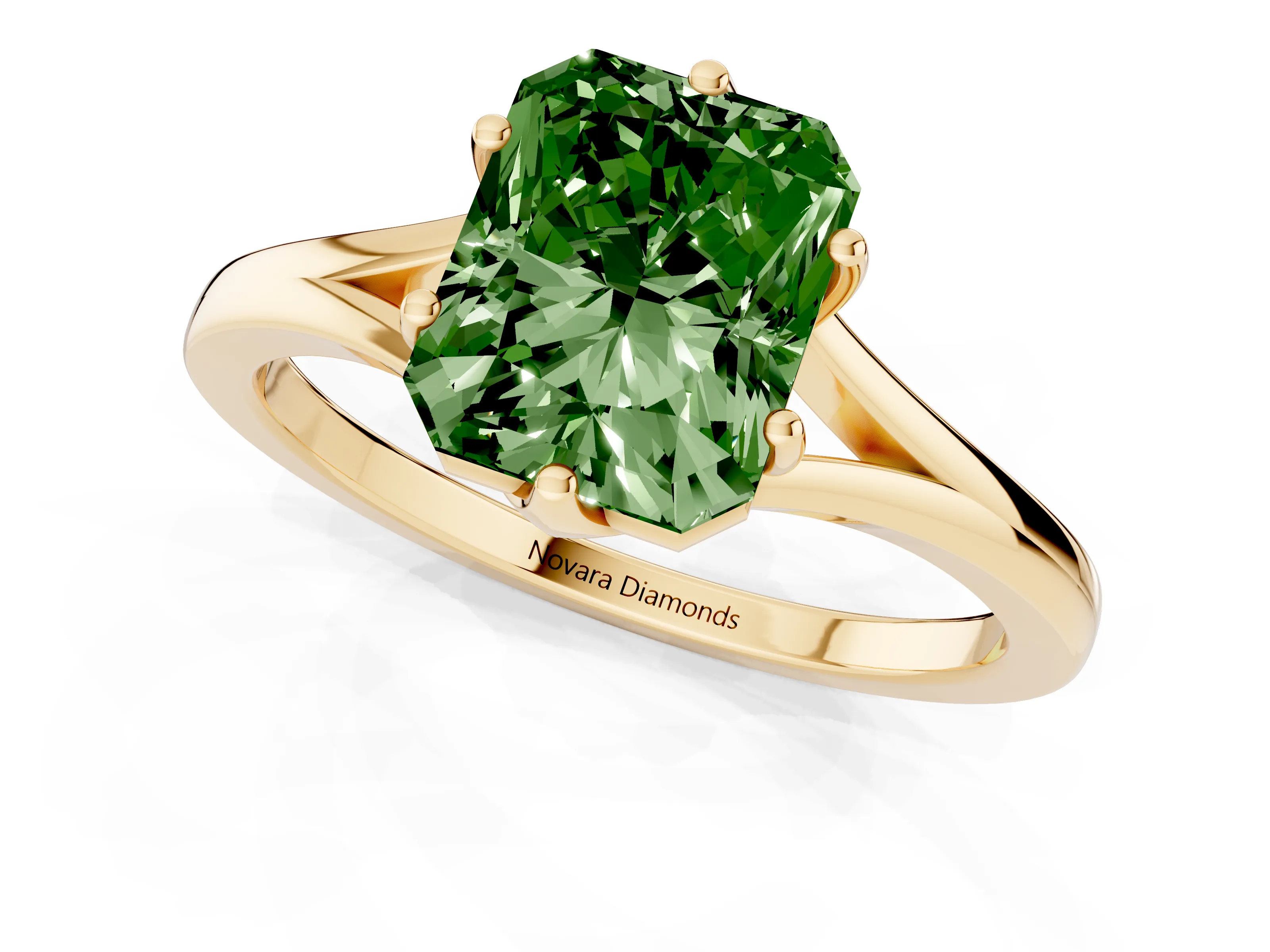 Fancy Green Radiant Cut Diamond Solitaire Ring Set in Yellow gold with Polished Tapered Band and Prong Setting