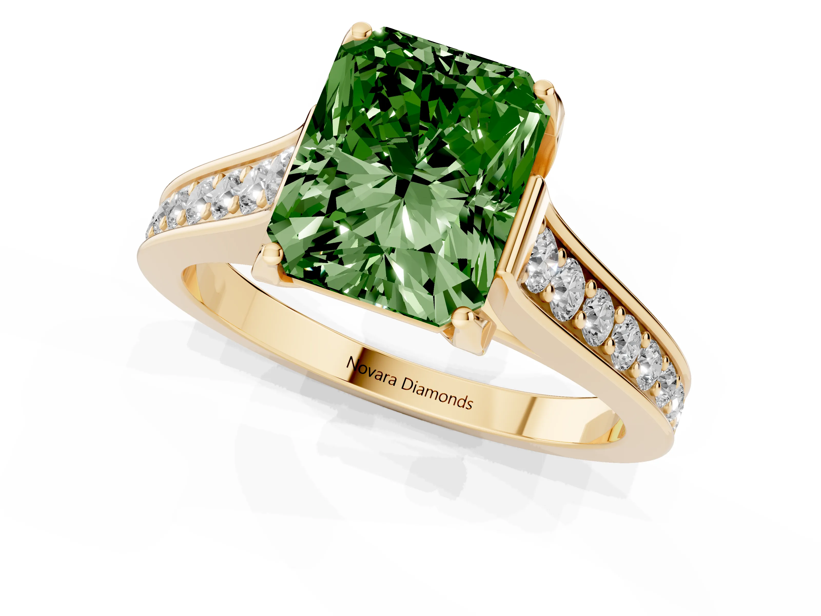 Fancy Green Radiant Cut Diamond Solitaire Pavé Engagement Ring Set in Yellow gold with Prong Setting