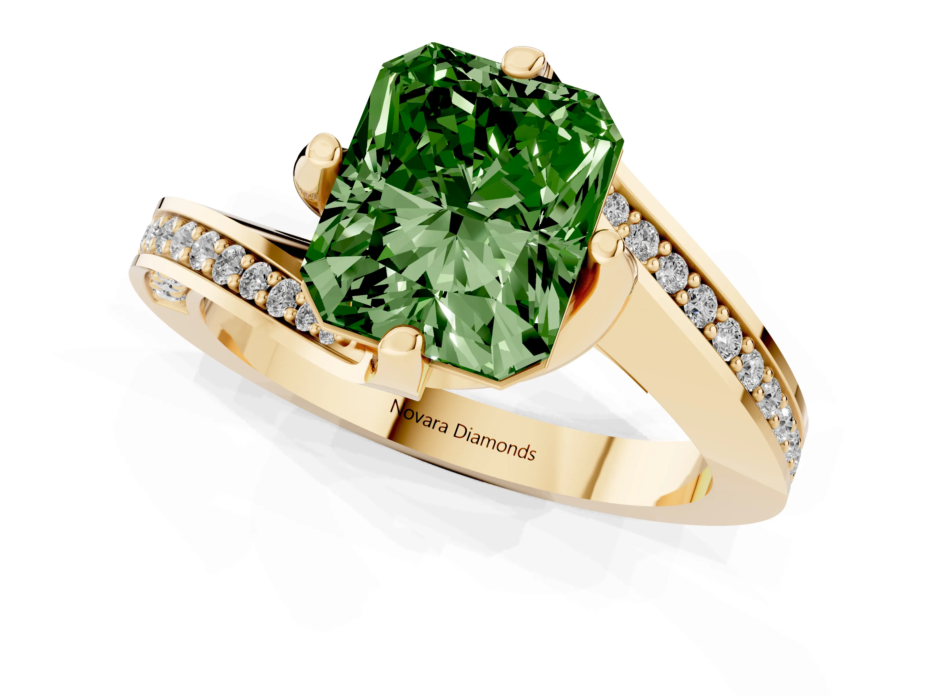 Fancy Green Radiant Cut Diamond Solitaire Ring Set in Yellow gold with Intertwined Pavé Twist Band