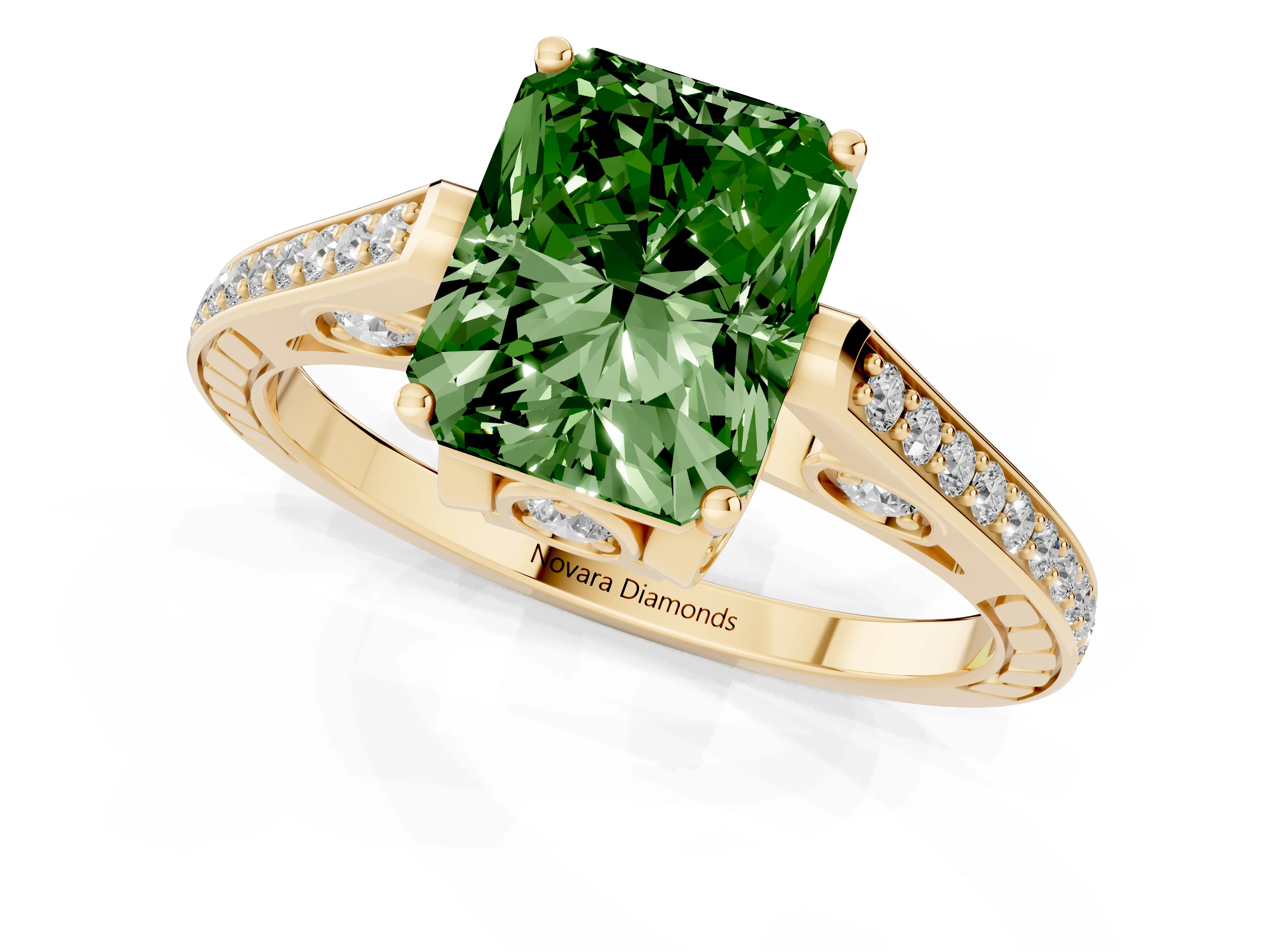 Fancy Green Radiant Cut Diamond Cathedral Pavé Engagement Ring Set in Yellow gold with Prong Setting