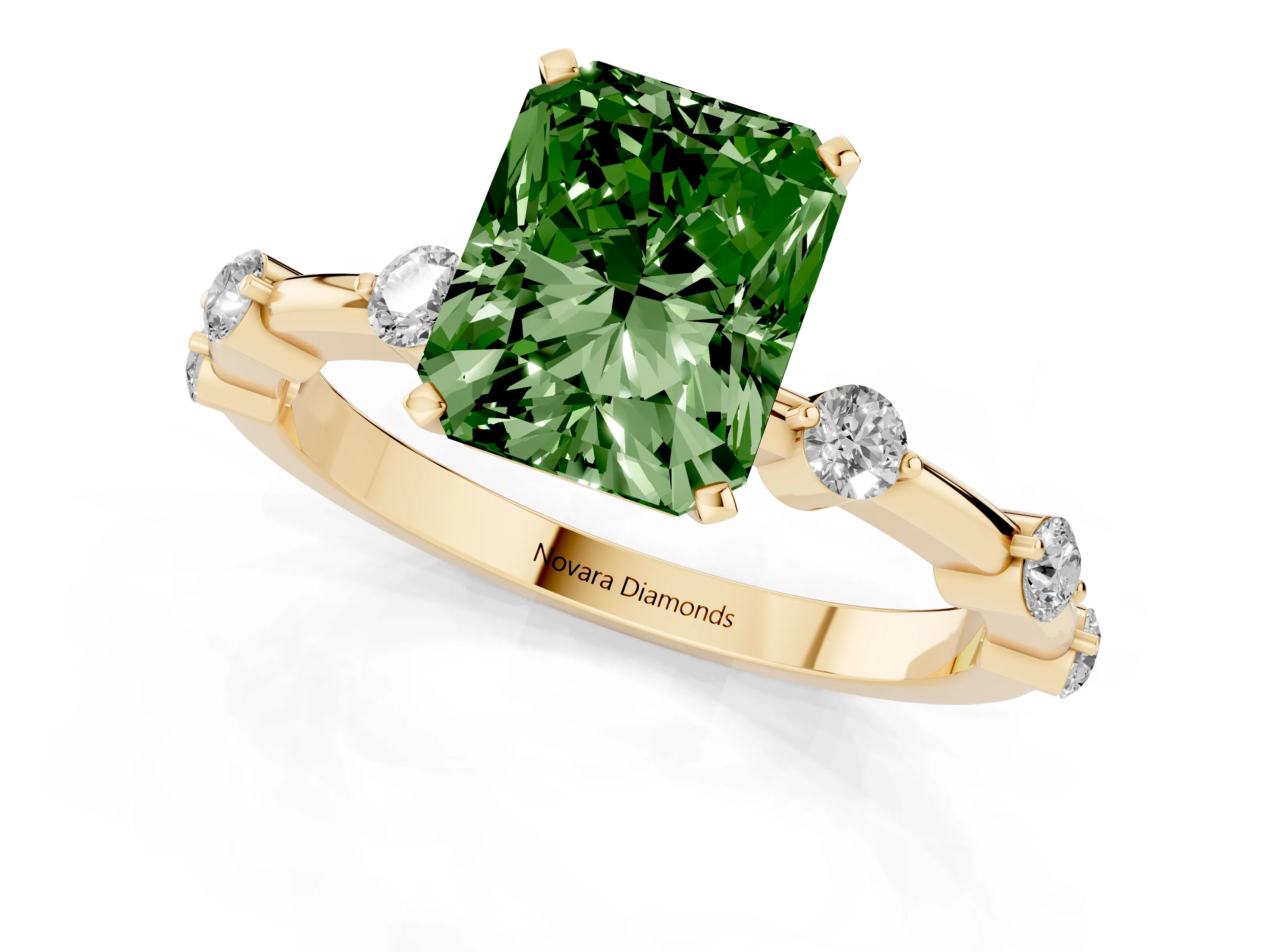 Fancy Green Radiant Cut Diamond Solitaire Ring Set in Yellow gold with Bezel Set Side Stones and Prong Setting