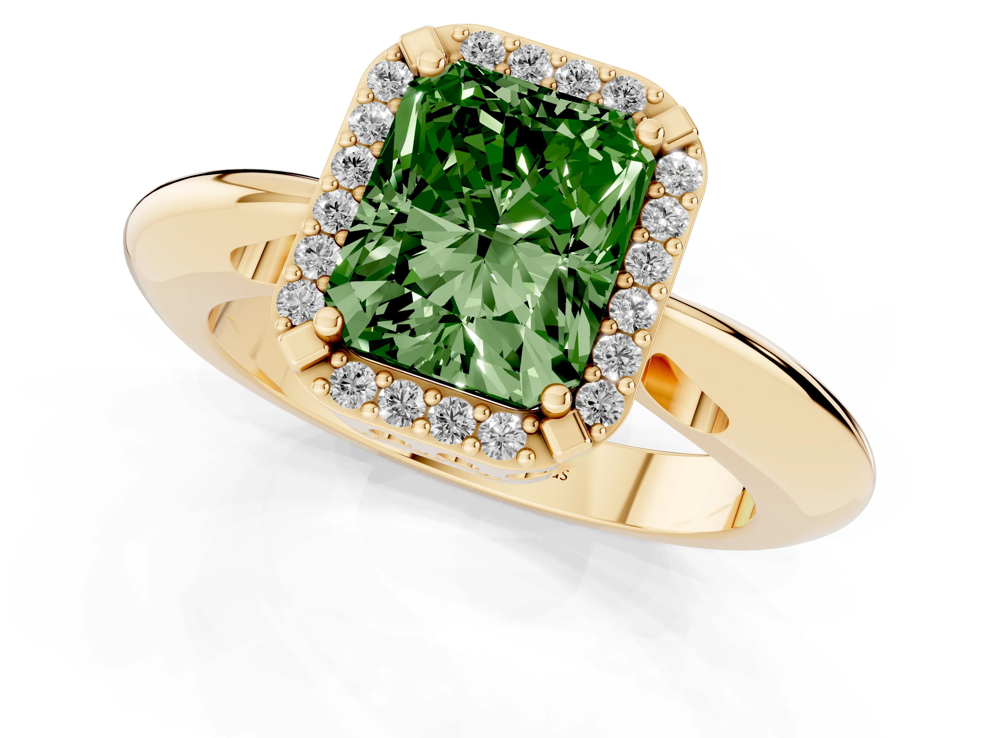 Fancy Green Radiant Cut Diamond Halo Engagement Ring Set in Yellow gold with Plain Split Shank and Prong Setting