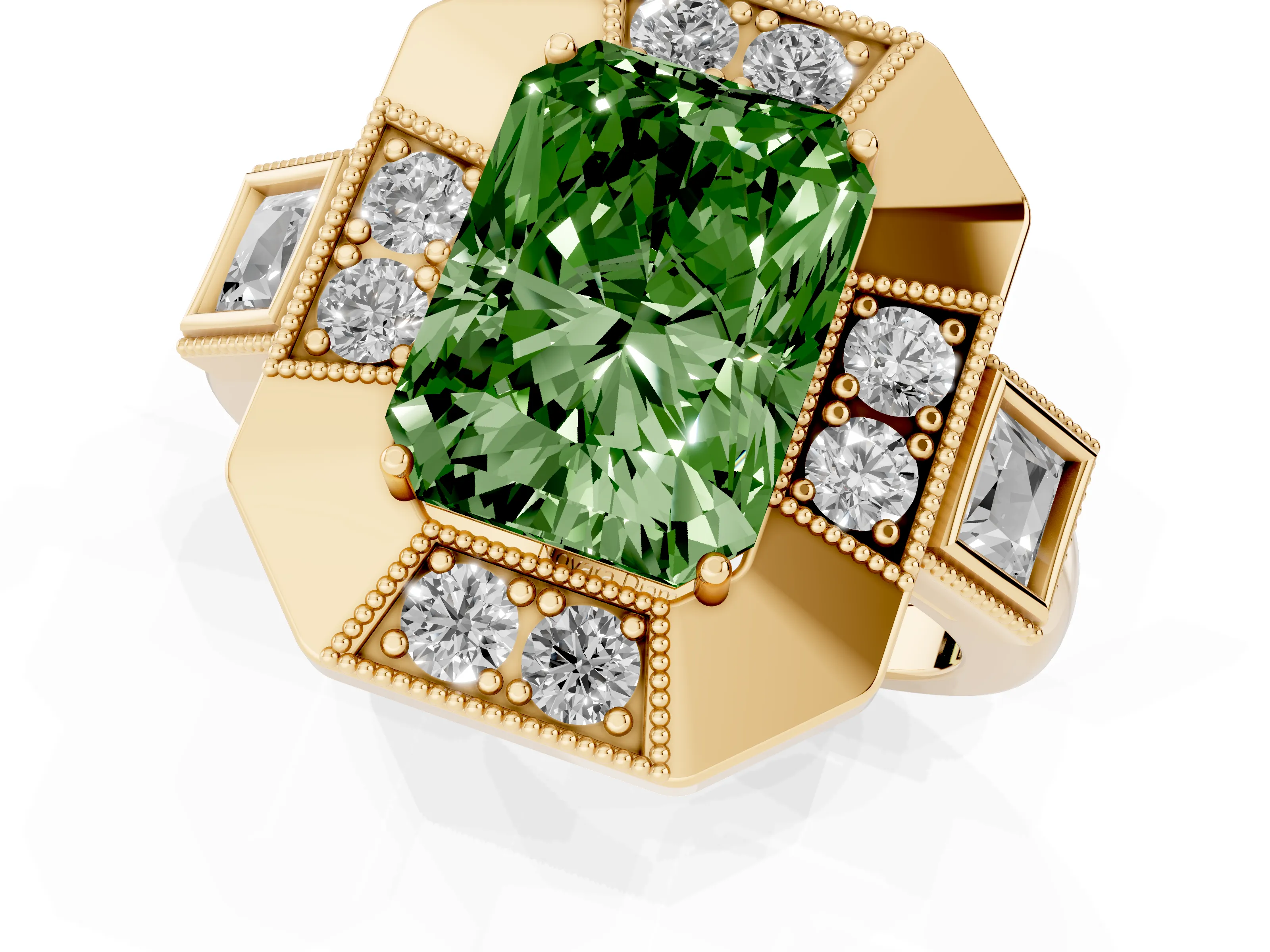 Fancy Green Radiant Cut Diamond Milgrain Halo Ring Set in Yellow gold with Split Shank