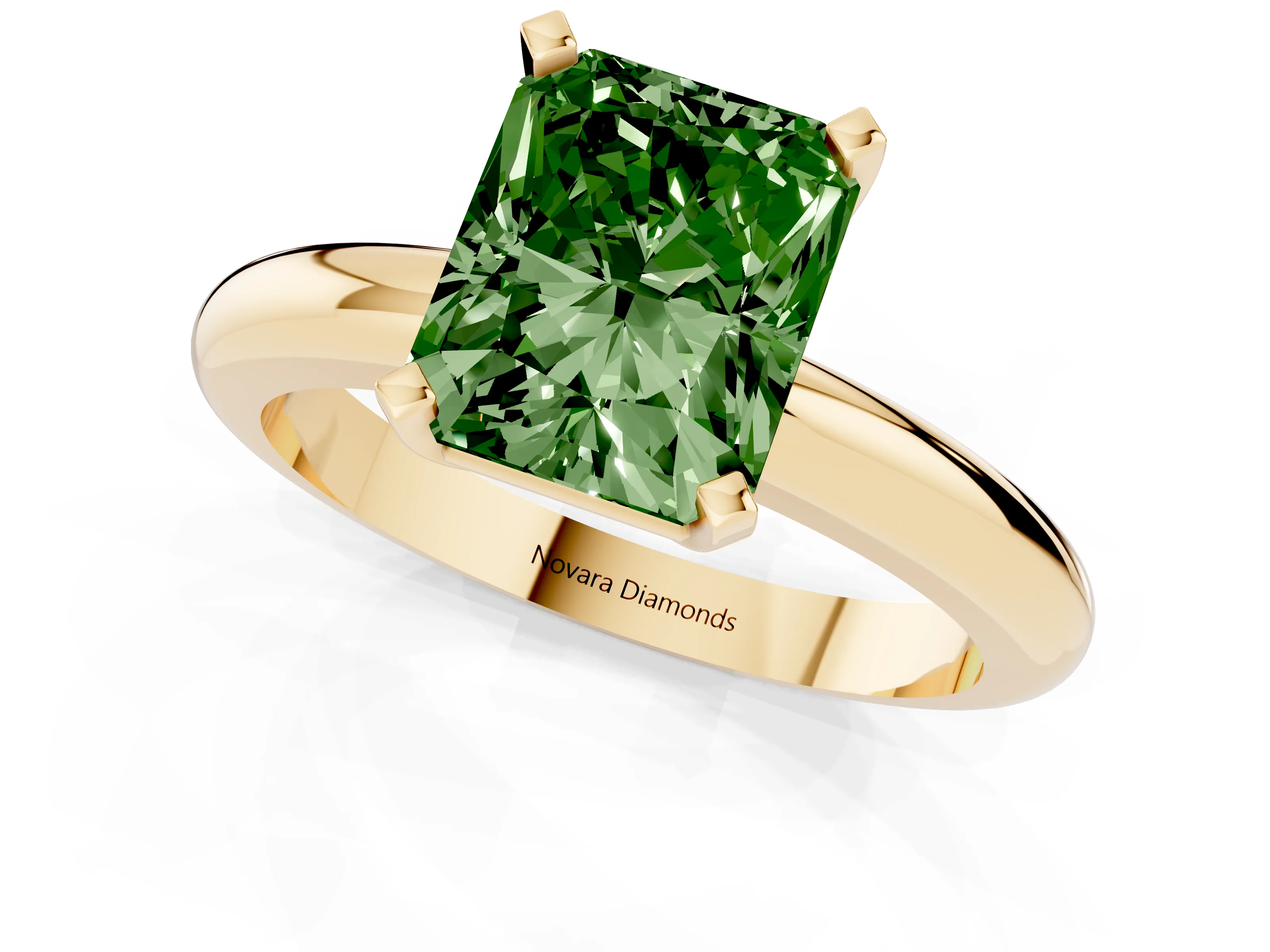 Fancy Green Radiant Cut Diamond Solitaire Engagement Ring Set in Yellow gold with Round Band and Prong Setting