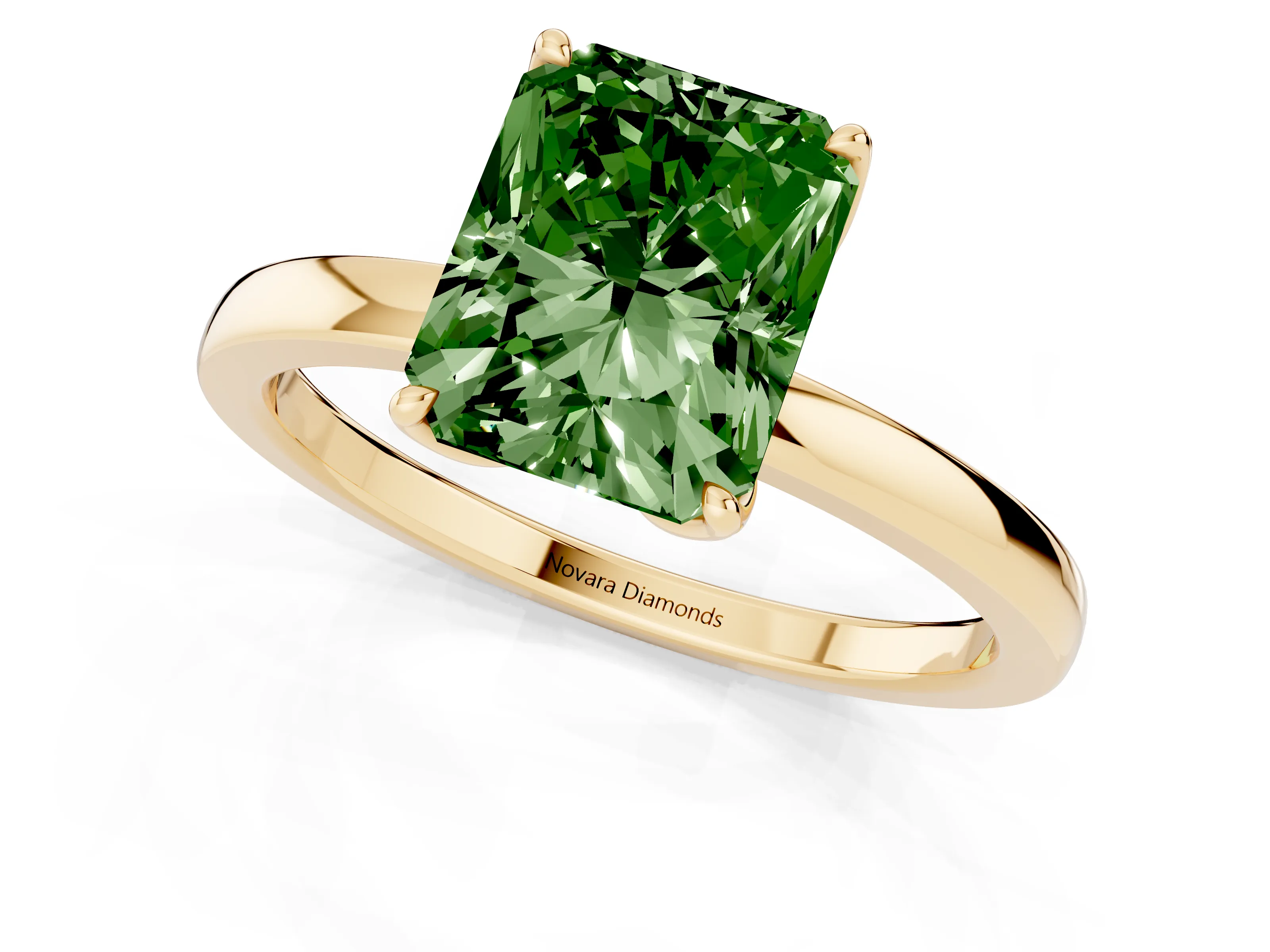 Fancy Green Radiant Cut Diamond Solitaire Ring Set in Yellow gold with Prong Setting and Thin Polished Band – second view