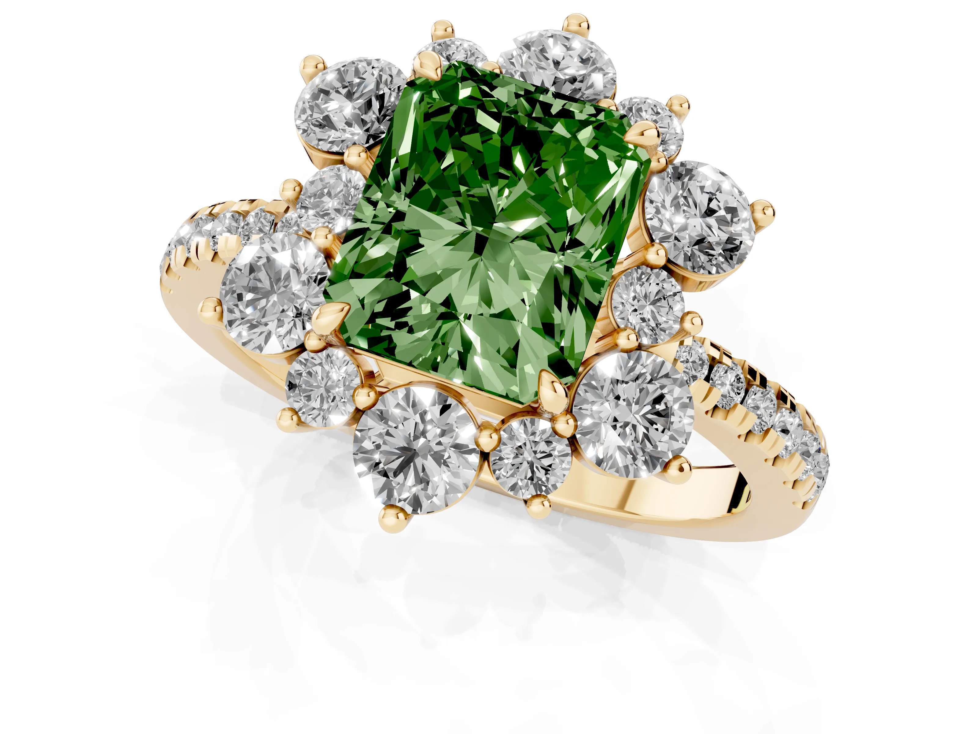Fancy Green Radiant Cut Diamond Floral Halo Ring Set in Yellow gold with Round Pavé Band and Prong Setting