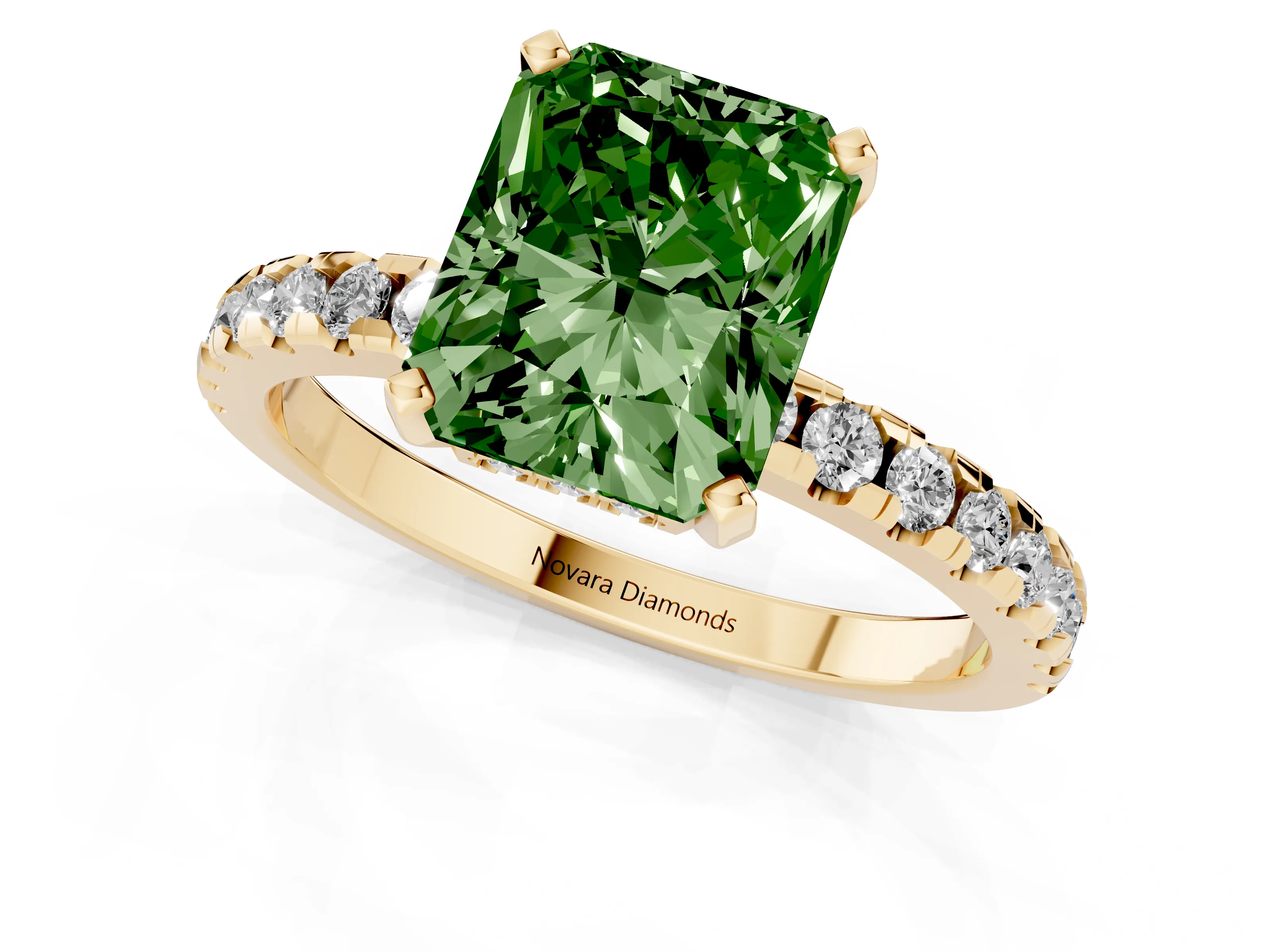 Fancy Green Radiant Cut Diamond Pavé Solitaire Ring Set in Yellow gold with Round Band Accents and Prong Setting