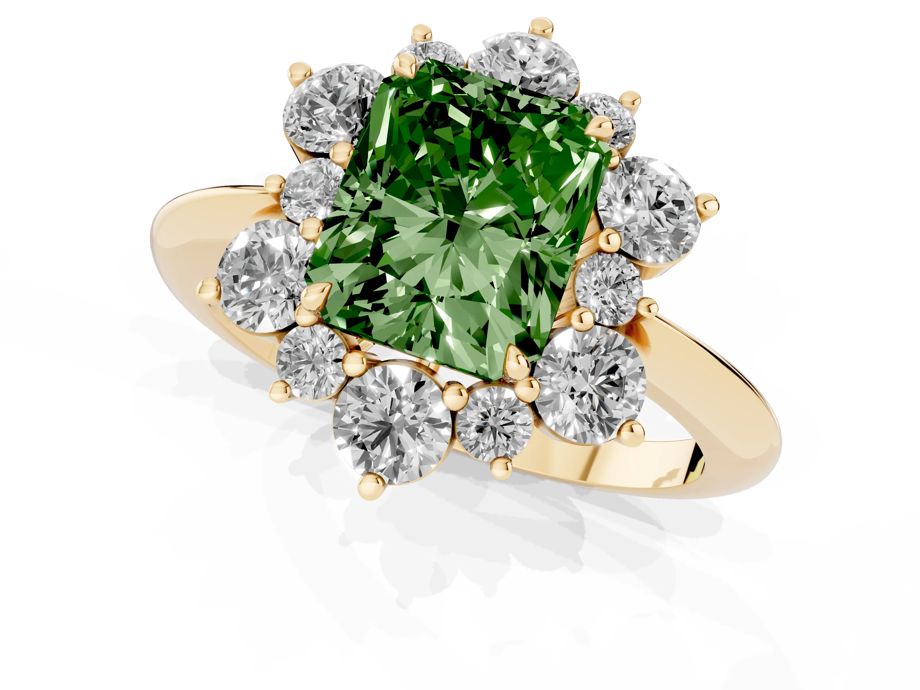 Fancy Green Radiant Cut Diamond Cluster Halo Ring Set in Yellow gold with Solitaire Band and Prong Setting