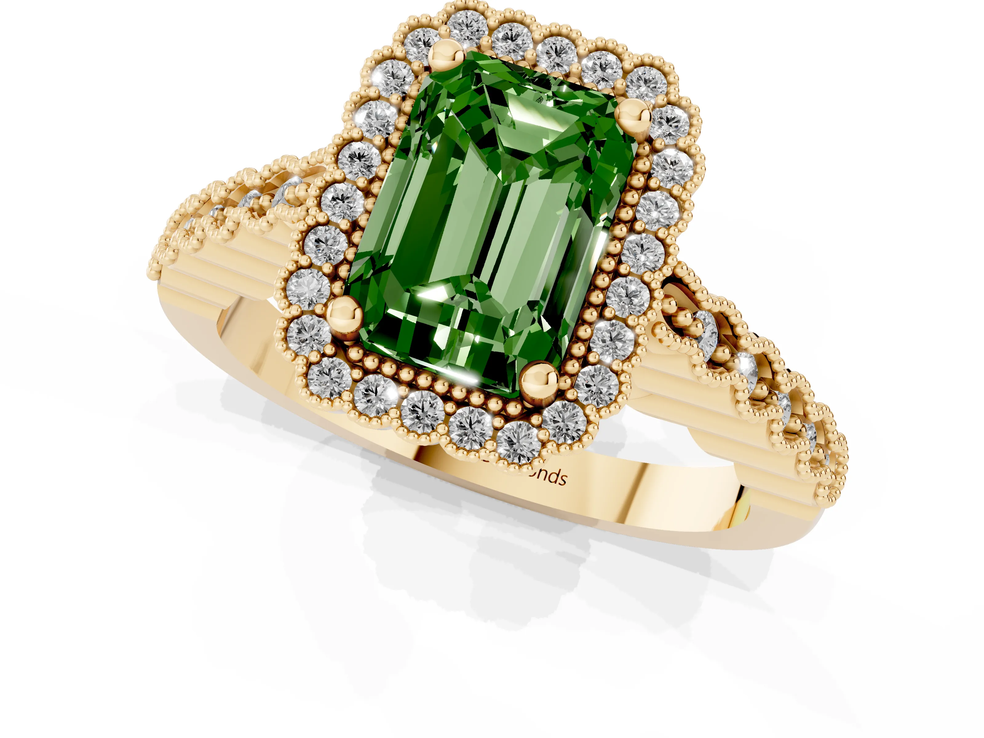 Fancy Green Radiant Cut Diamond Halo Ring Set in Yellow gold with Pavé Milgrain Band