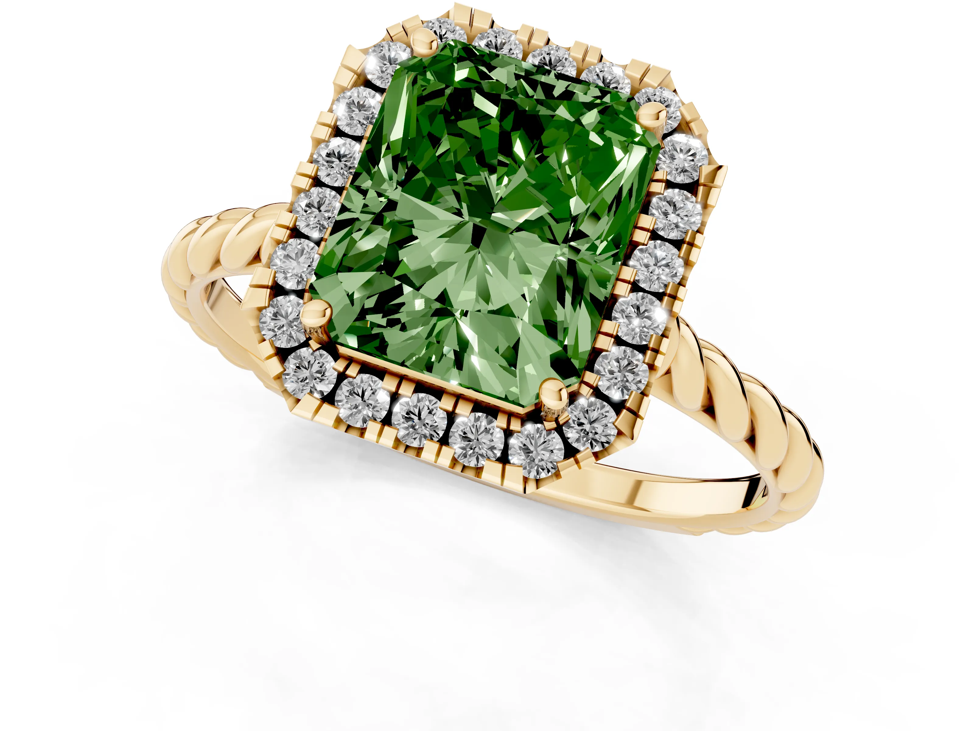 Fancy Green Radiant Cut Diamond Halo Ring Set in Yellow gold with Plain Twisted Band