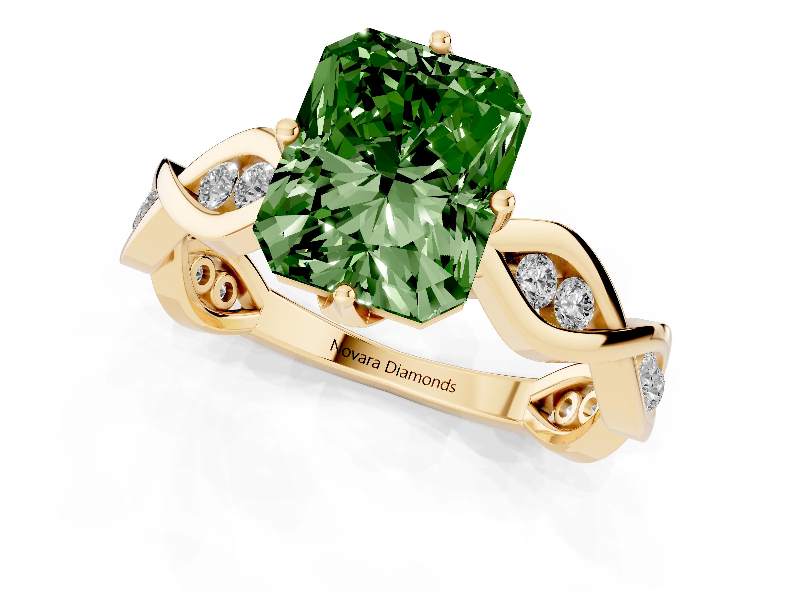 Fancy Green Radiant Cut Diamond Twist Band Solitaire Ring Set in Yellow gold with Leaf Prong Setting and Accent Stones