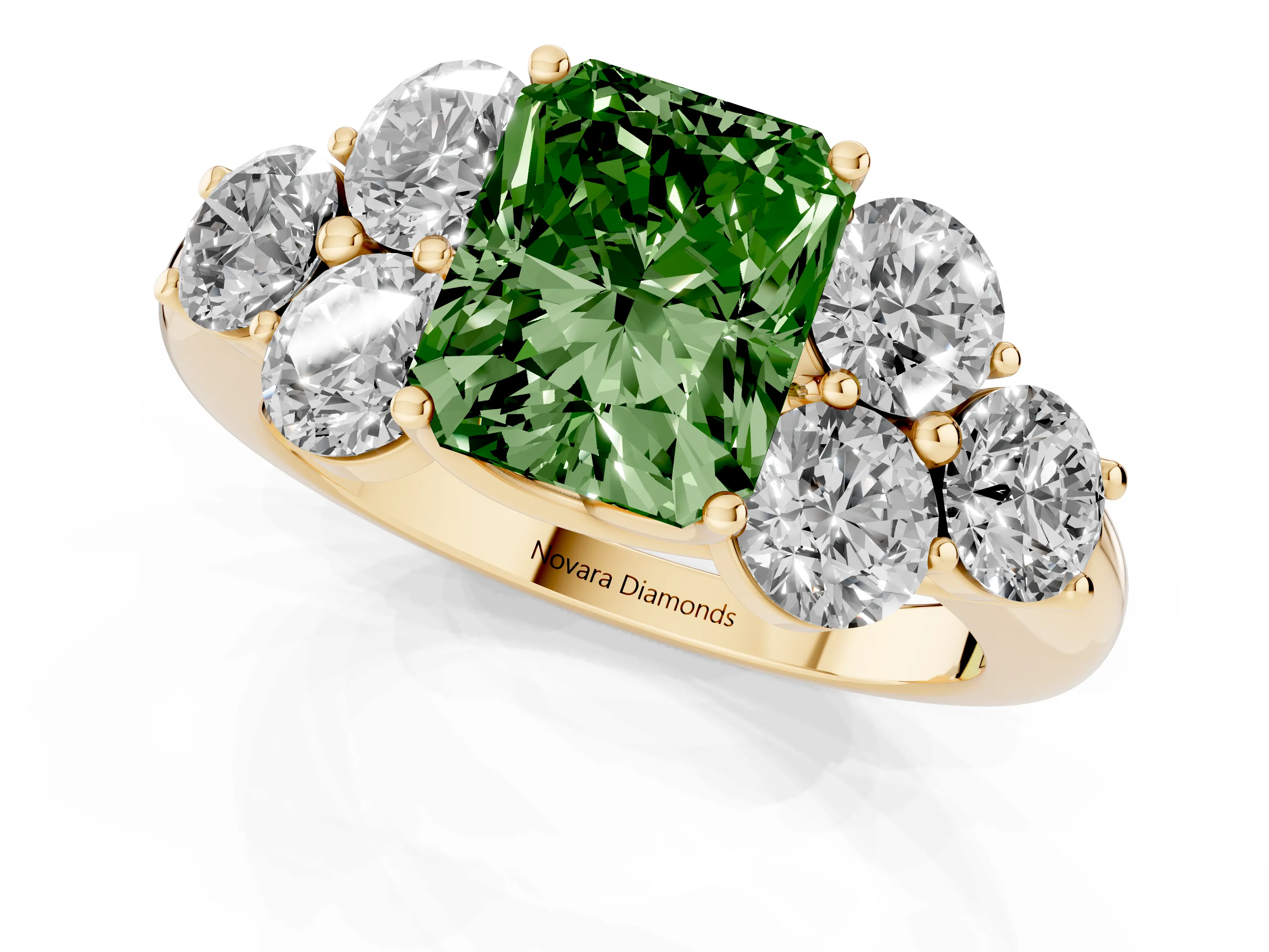 Fancy Green Radiant Cut Diamond Cluster Ring Set in Yellow gold with Round Accent Stones and Prong Setting on a Plain Band