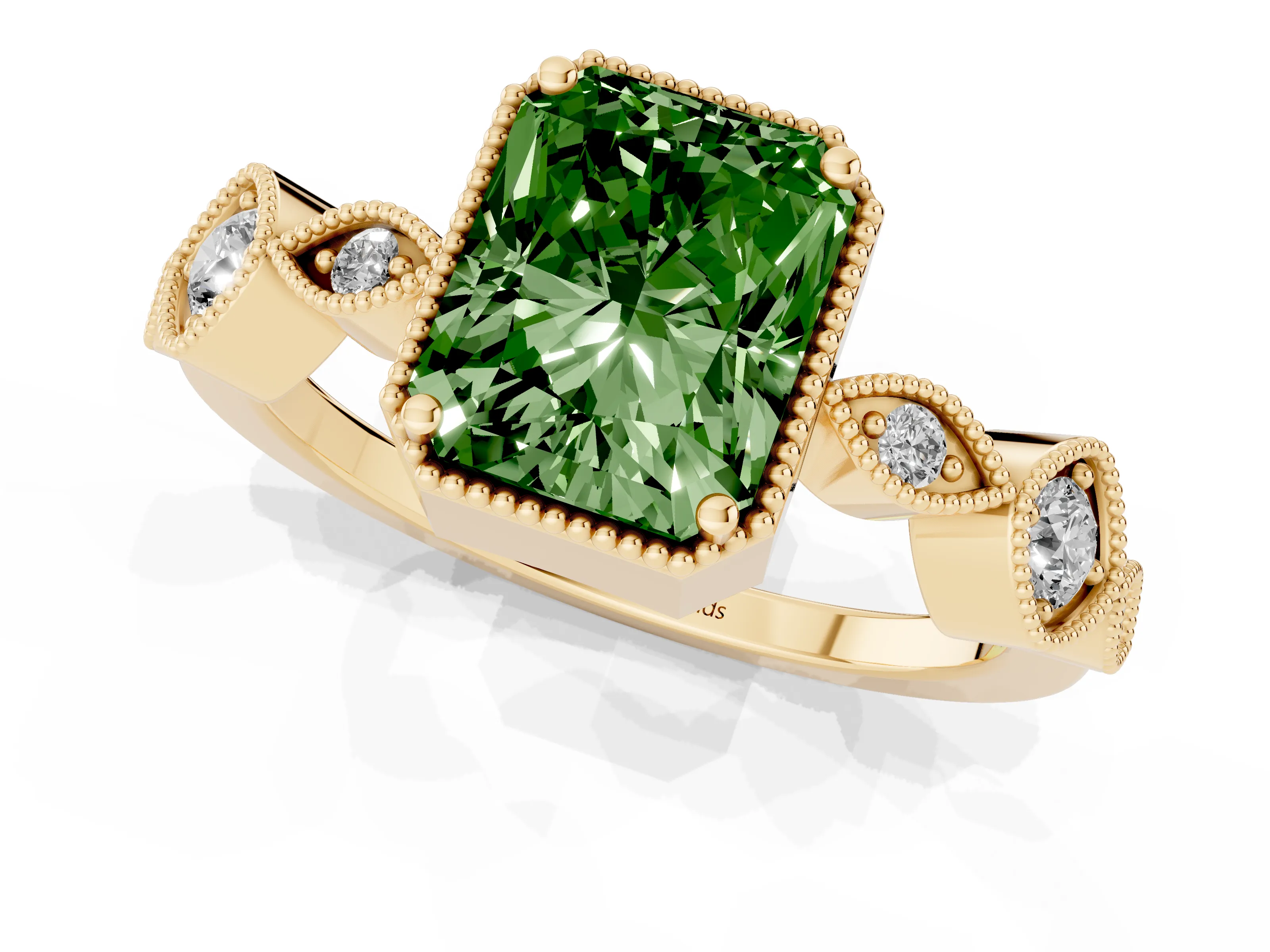Fancy Green Radiant Cut Diamond Vintage-Inspired Milgrain Ring Set in Yellow gold with Marquise Stations of Round Accents
