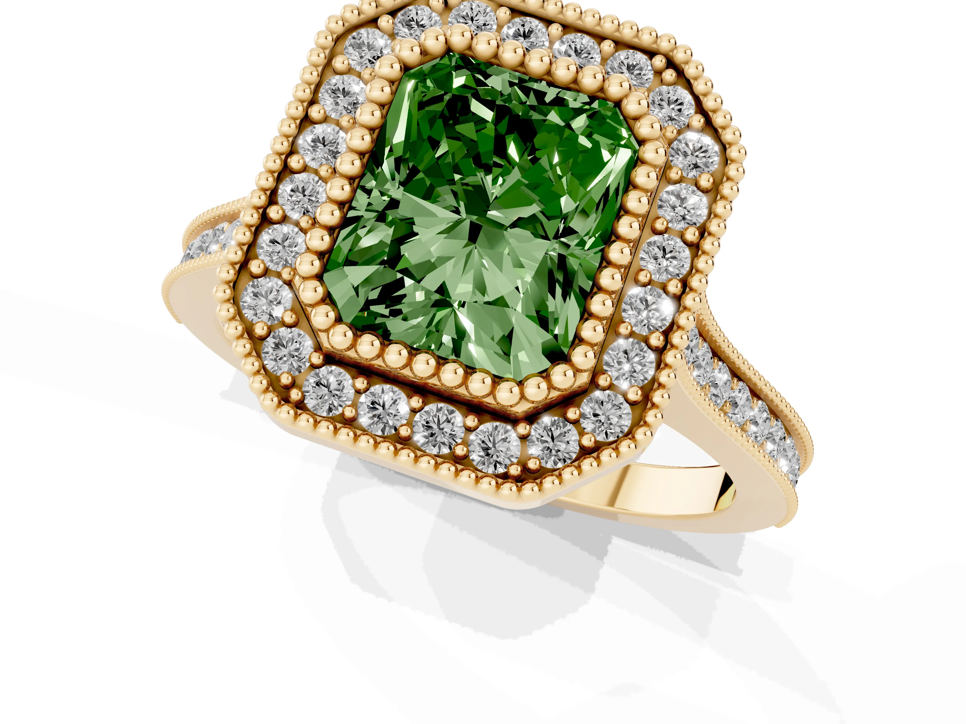 Fancy Green Radiant Cut Diamond Halo Ring Set in Yellow gold with Milgrain Frame and Pavé Band