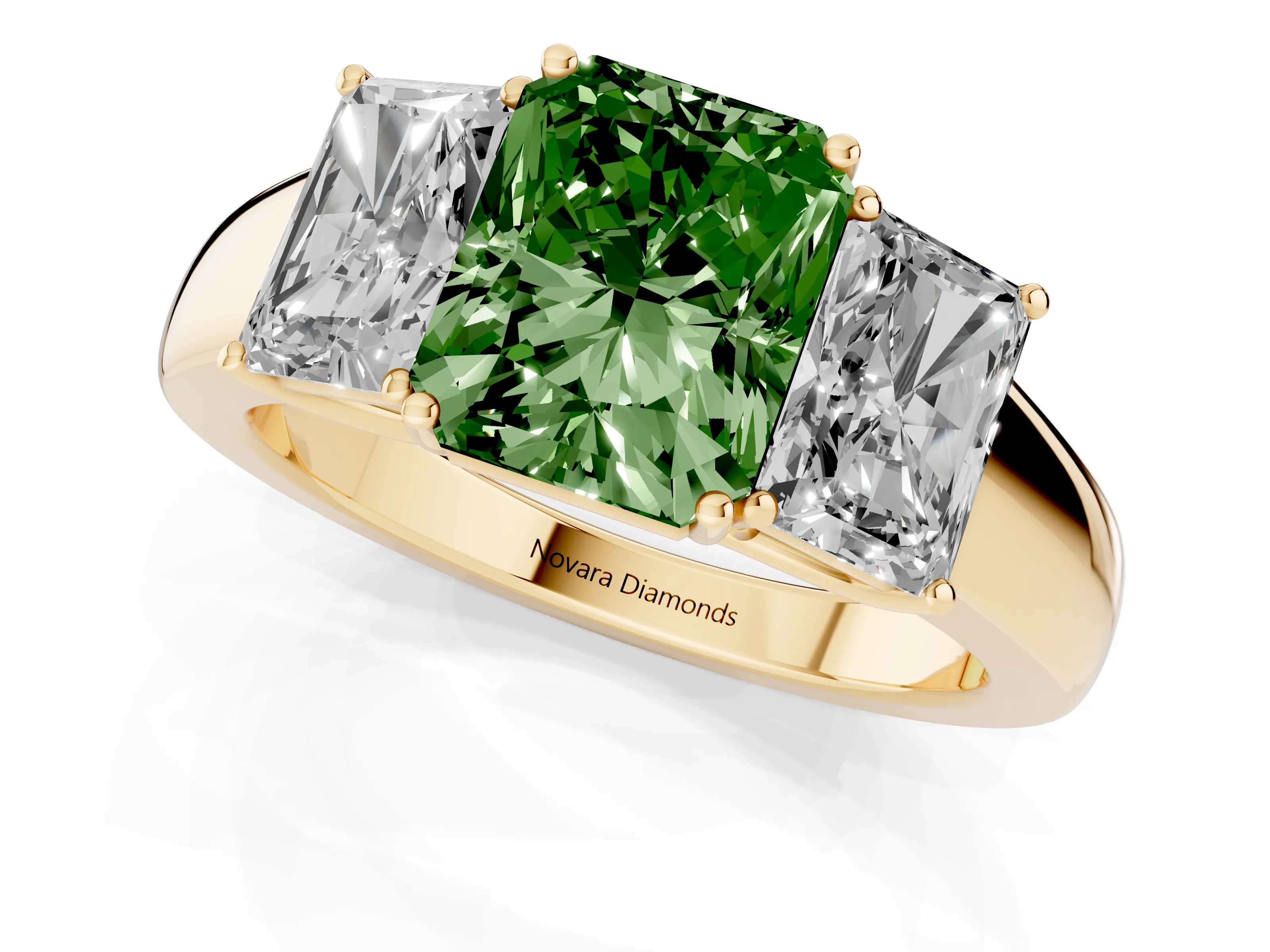 Fancy Green Three-Stone Radiant Cut Diamond Ring Set in Yellow gold with Matching Prong Settings and Plain Band