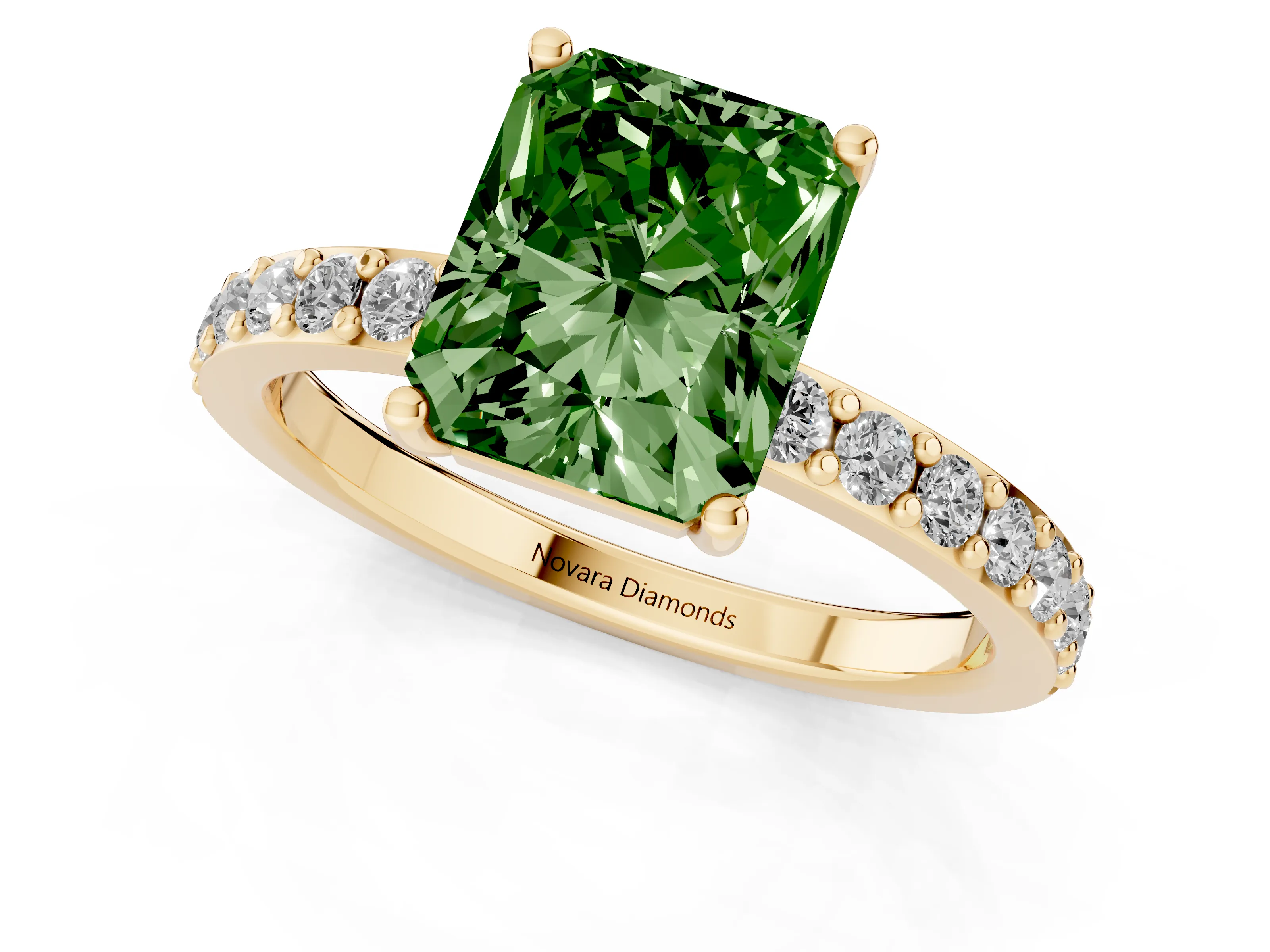 Fancy Green Radiant Cut Diamond Solitaire Set in Yellow gold with Round Pavé Band and Prong Setting
