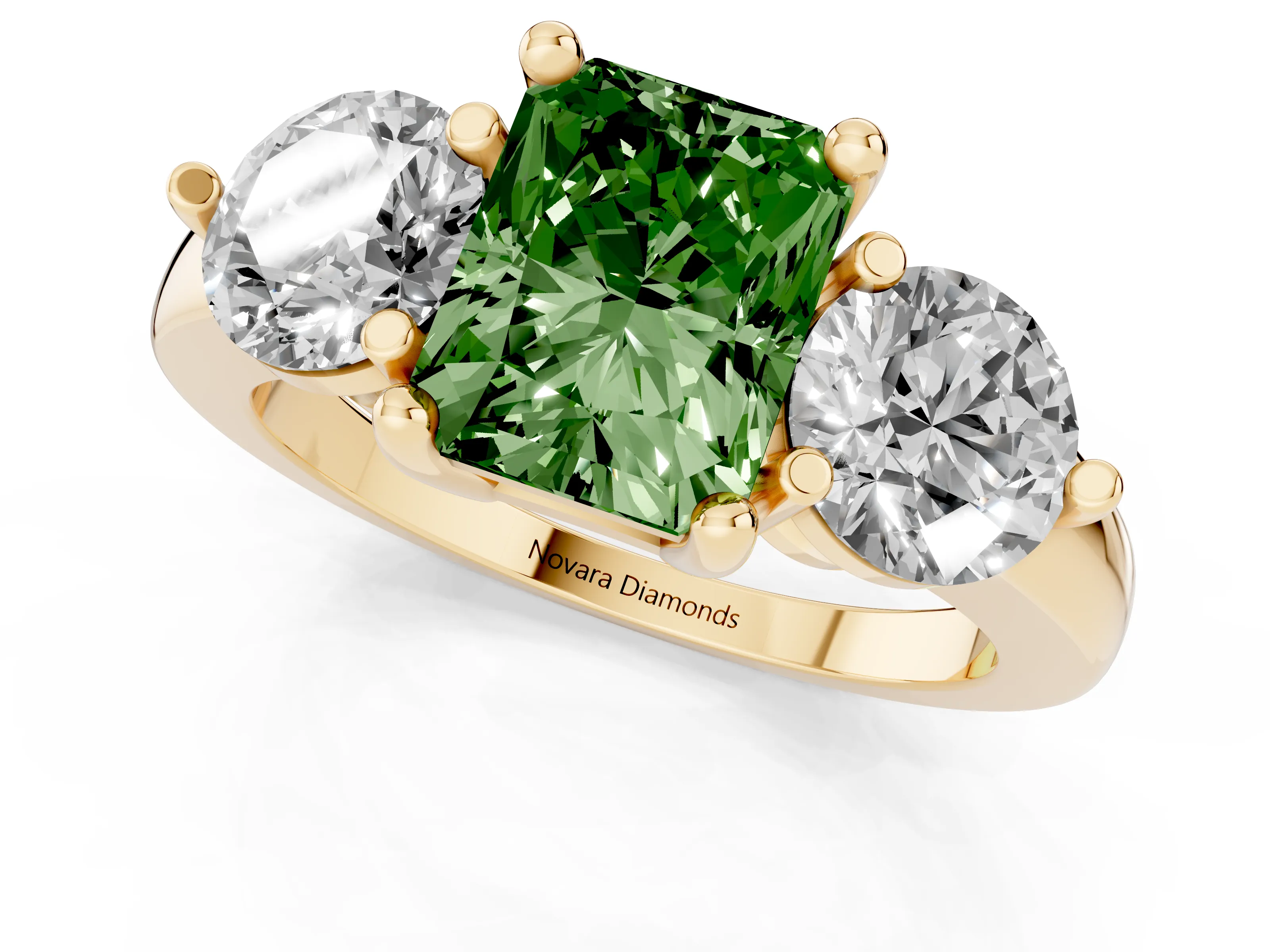 Fancy Green Radiant Cut Diamond Three-Stone Ring Set in Yellow gold with Prong Setting and Classic Band