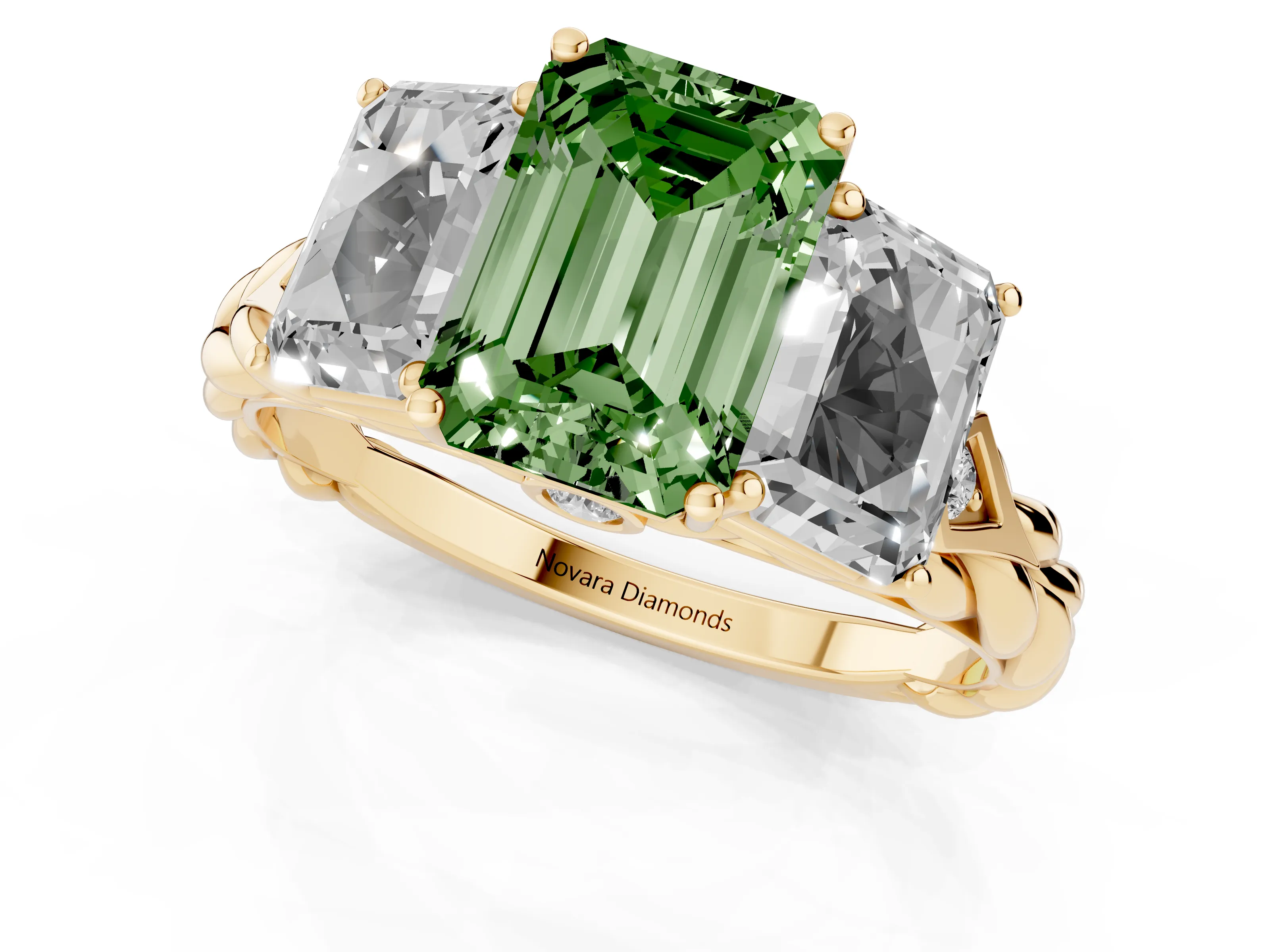 Fancy Green Radiant Cut Diamond Three-Stone Ring Set in Yellow gold with Braided Band
