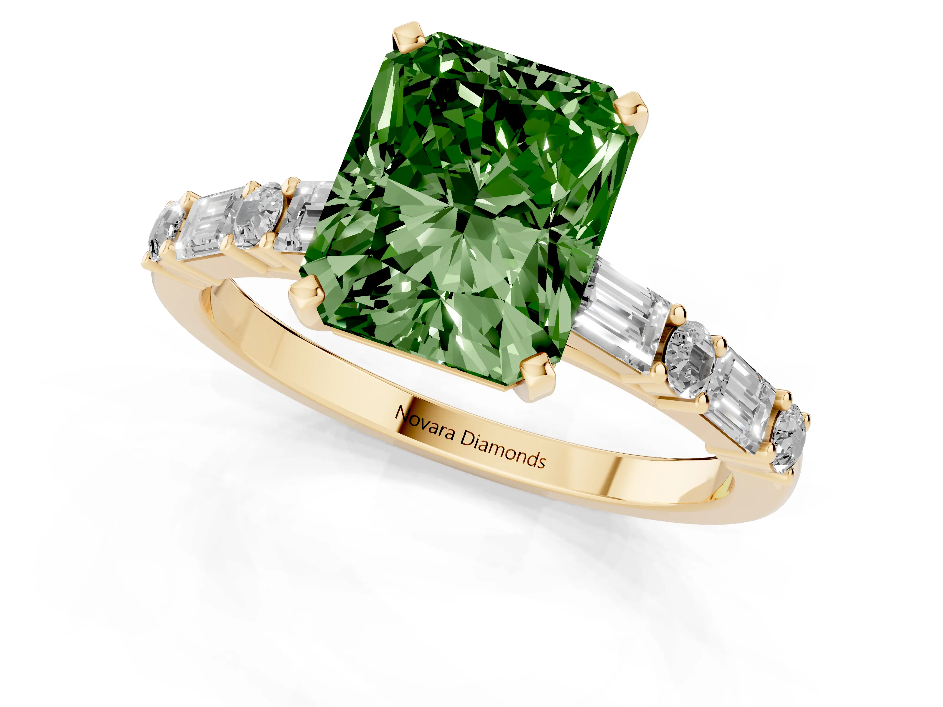 Fancy Green Radiant Cut Diamond Solitaire Set in Yellow gold with Side Baguettes and Channel Set Band