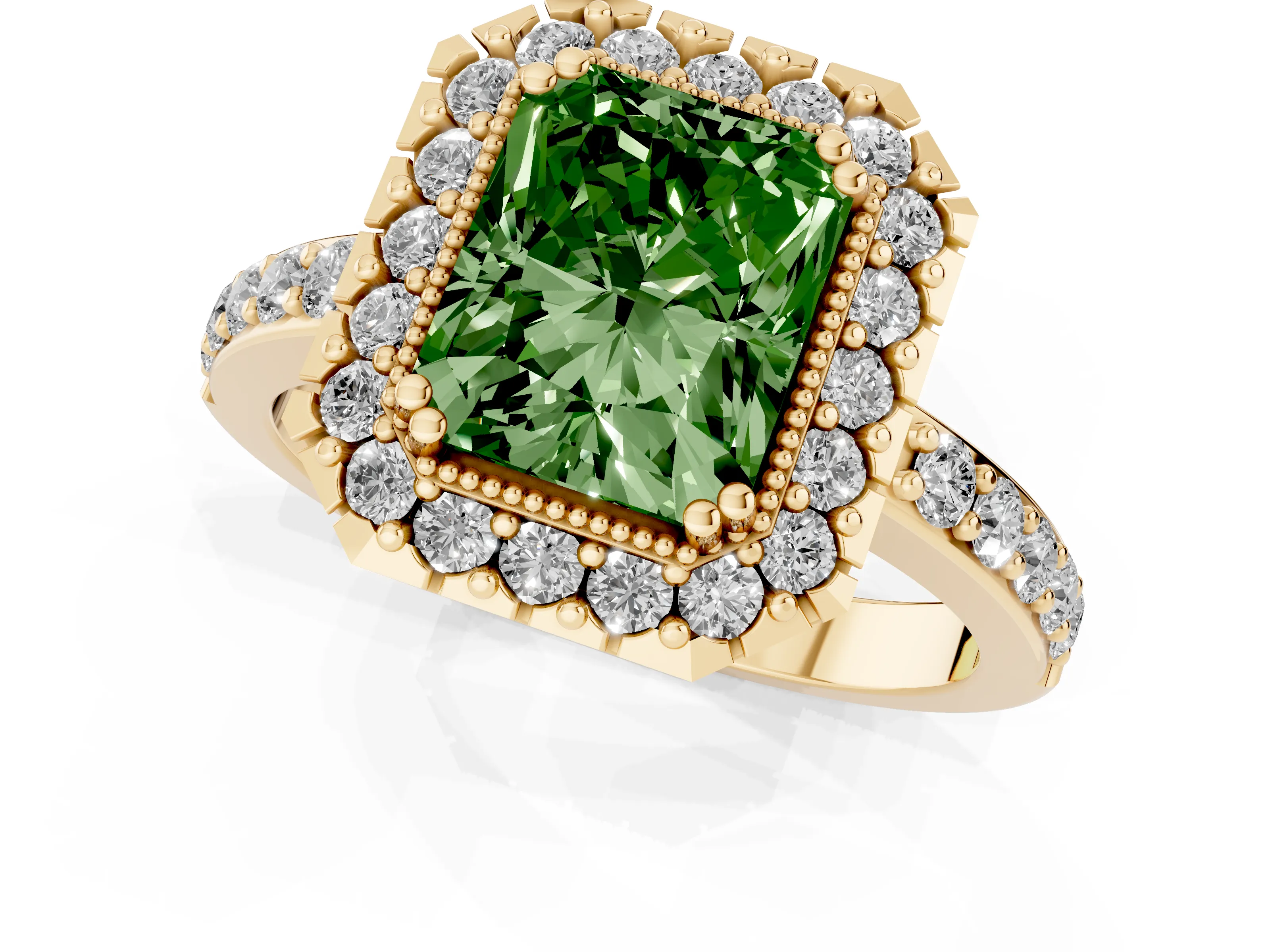 Fancy Green Radiant Cut Diamond Halo Ring Set in Yellow gold with Pavé Shank and Prong Setting
