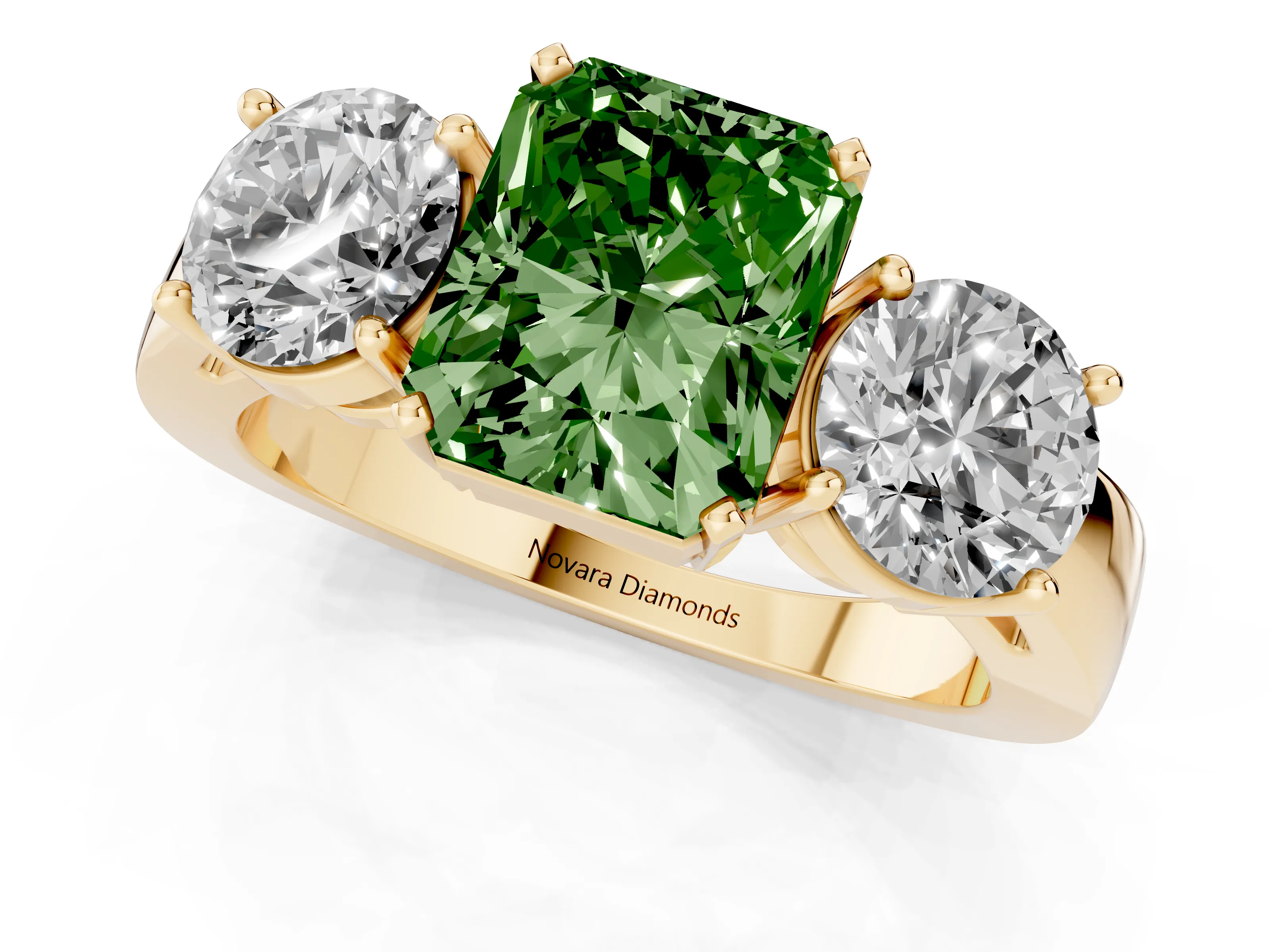 Fancy Green Radiant Cut Diamond Three-Stone Ring Set in Yellow gold with Round Side Stones and Classic Band