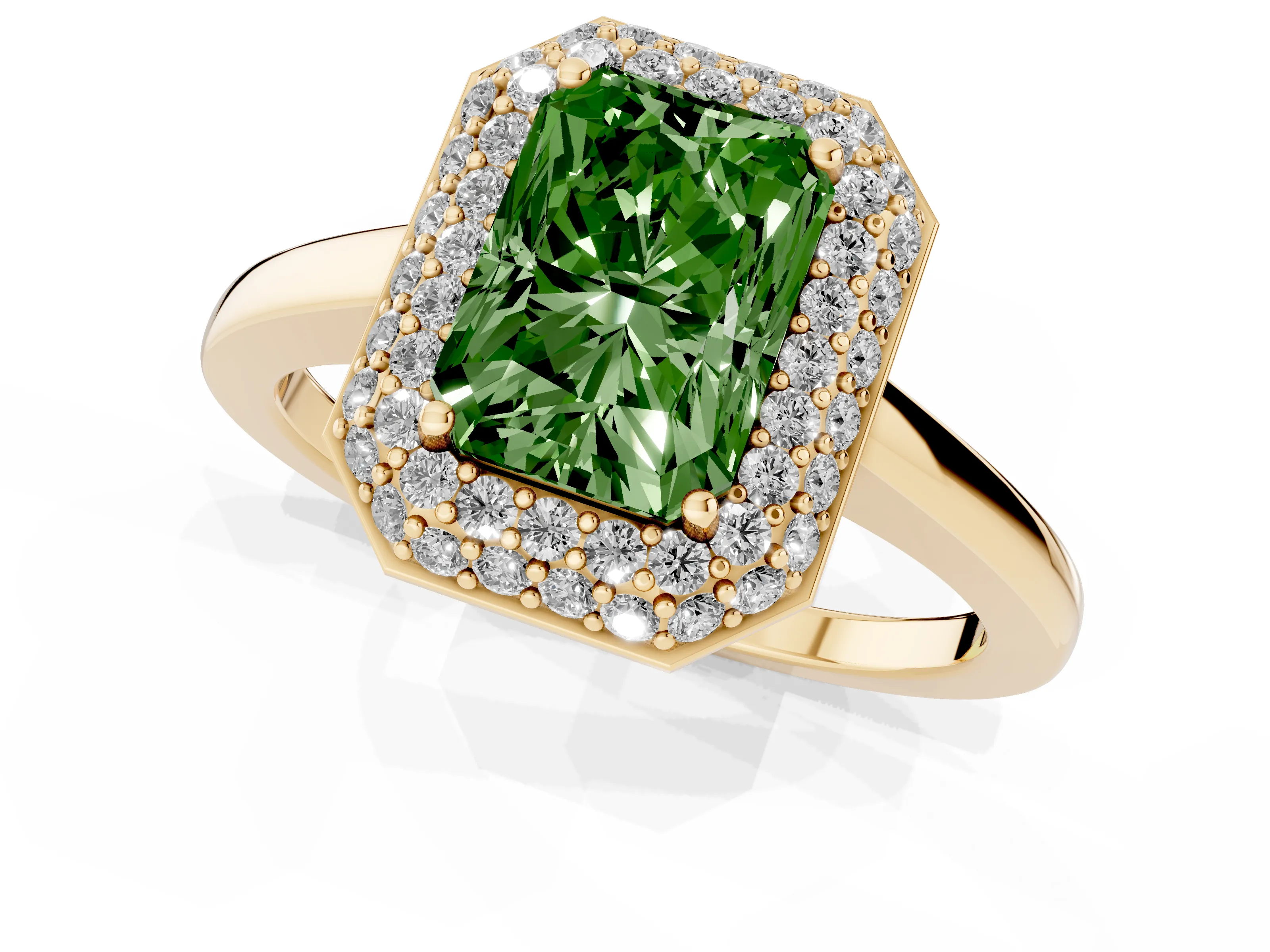 Fancy Green Radiant Cut Diamond Halo Engagement Ring Set in Yellow gold with Solitaire Band and Prong Setting
