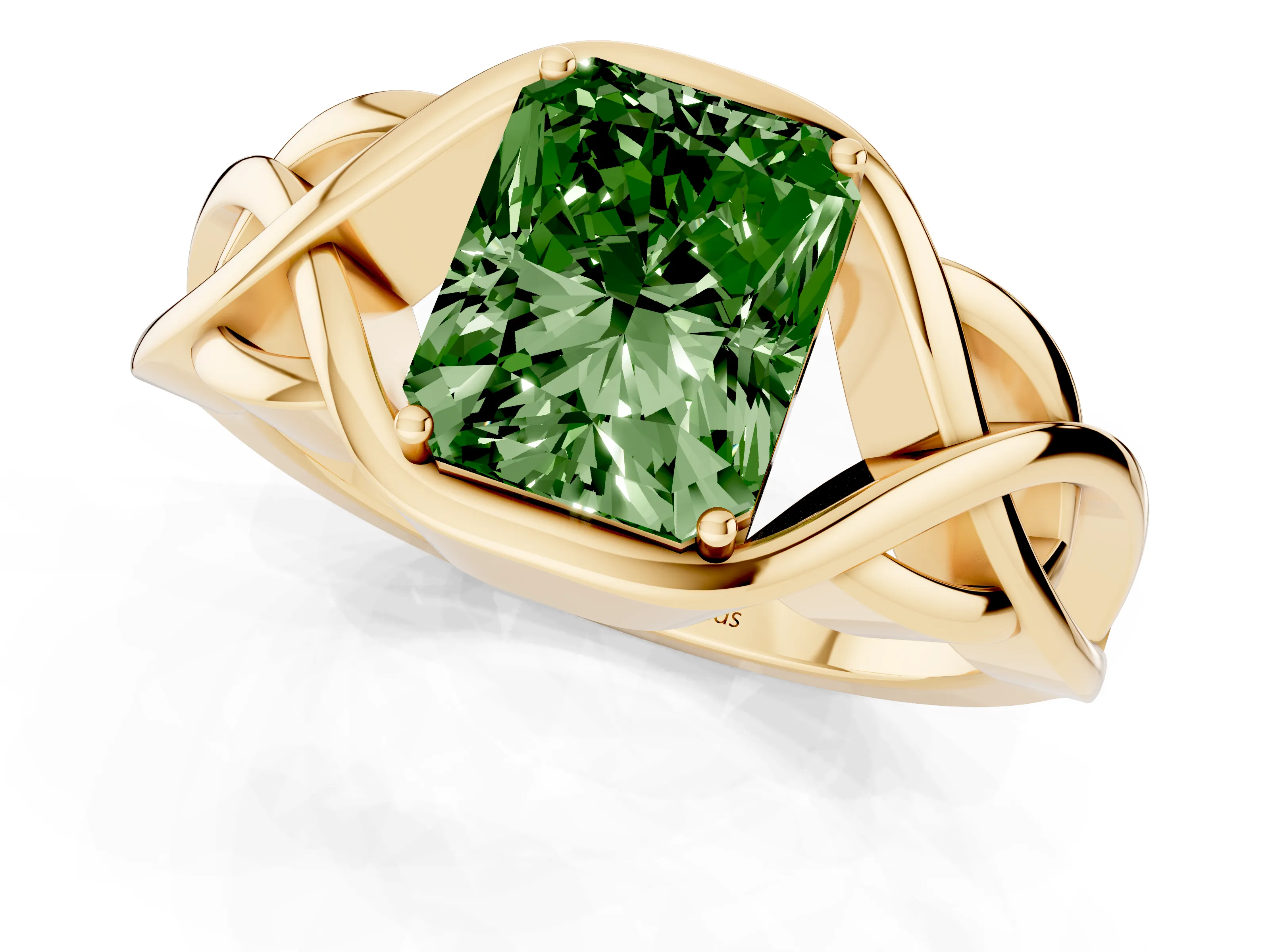 Fancy Green Radiant Cut Diamond Solitaire Ring Set in Yellow gold with Intertwined Band