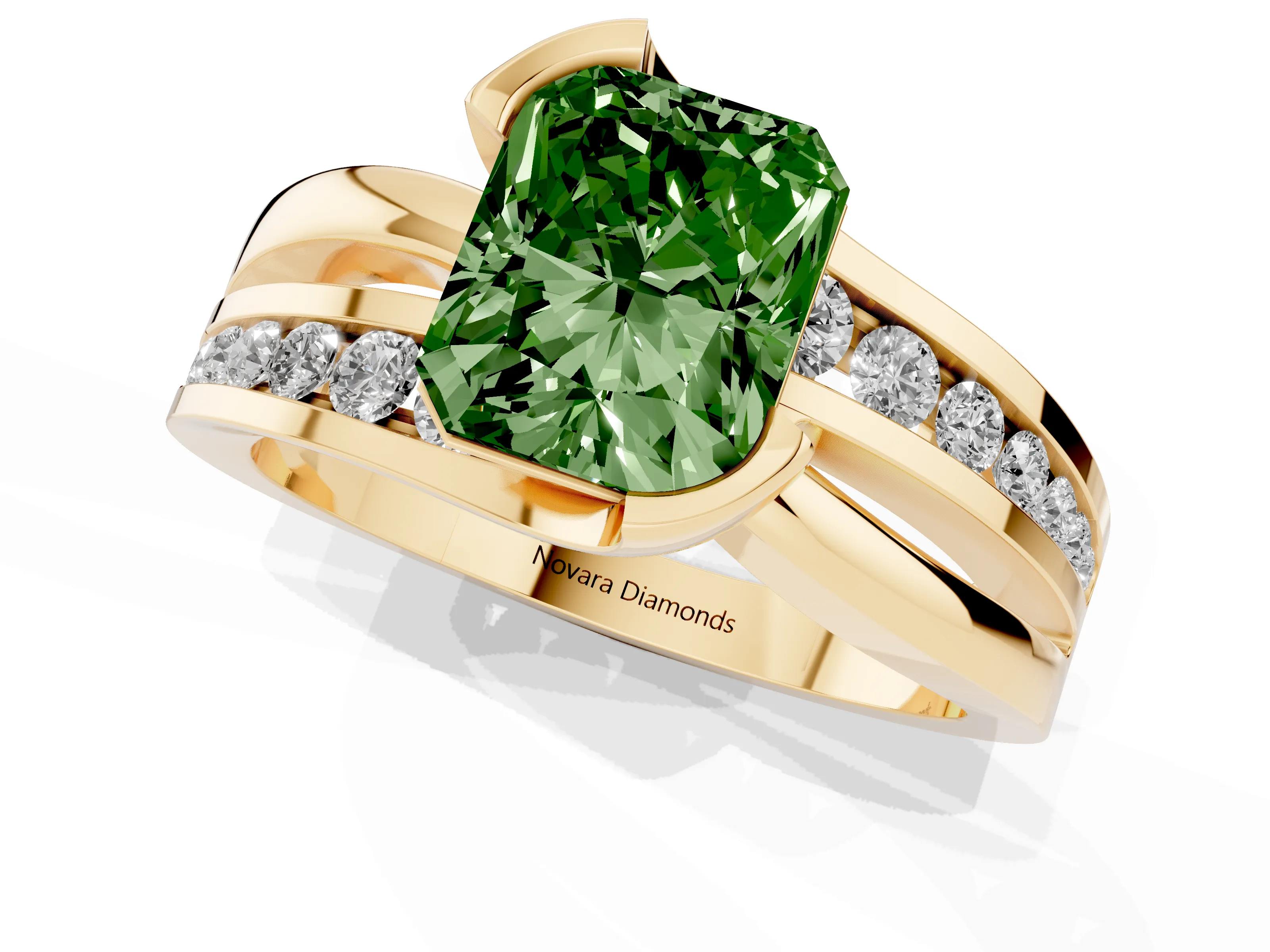Fancy Green Radiant Cut Diamond Solitaire Ring Set in Yellow gold with Channel Set Split Shank and Tension Prongs