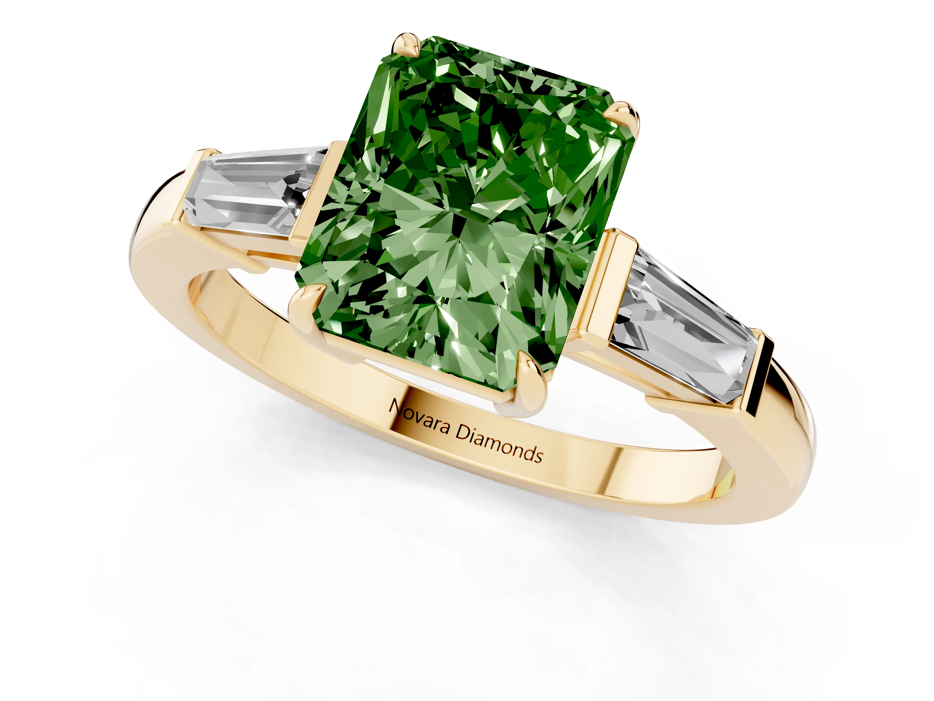 Fancy Green Radiant Cut Diamond Three-Stone Ring Set in Yellow gold with Tapered Baguette Side Stones and Prong Setting
